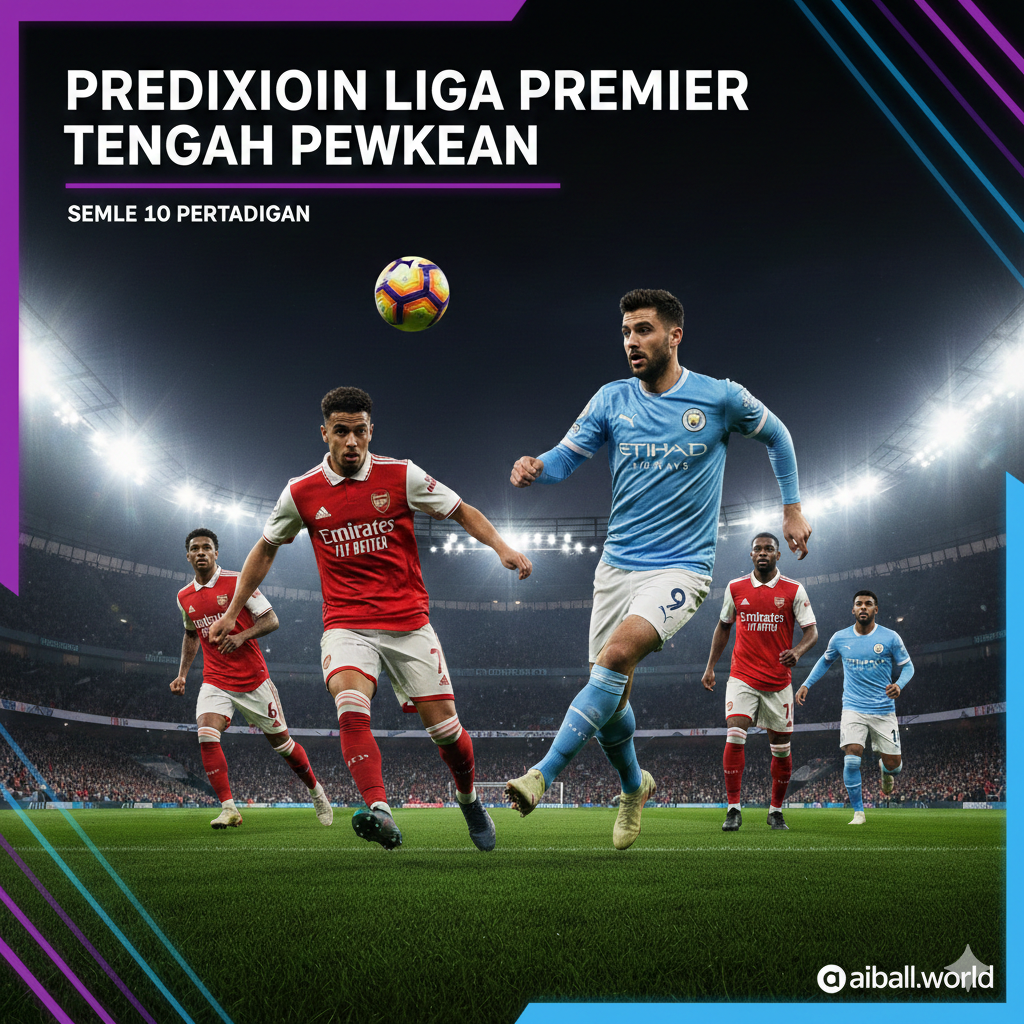 A dynamic and high-energy composite image representing the English Premier League midweek fixtures. The composition features silhouettes and realistic renderings of footballers in action, wearing kits representative of top teams like Arsenal (red) and Manchester City (sky blue), set against a backdrop of a massive, floodlit stadium at night. The lighting is dramatic, with bright stadium lights creating lens flares and heavy contrast, emphasizing the evening match atmosphere. Key elements include a football flying through the air, vibrant green pitch textures, and a overlay of modern motion graphics in purple and neon blue to mimic the Premier League's official branding style. The mood is intense and anticipatory.