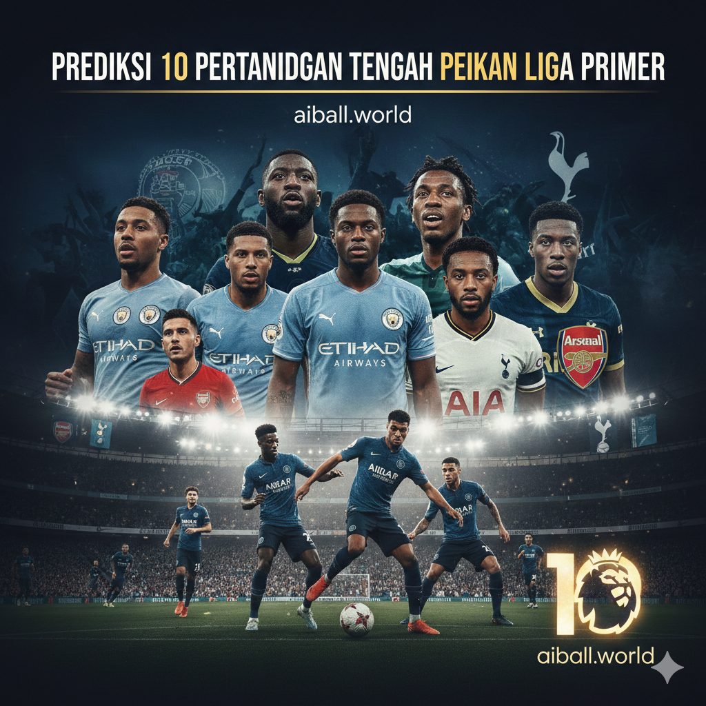 Gambaran komposit dramatis yang merepresentasikan intensitas Liga Primer Inggris di tengah pekan. Foto ini menampilkan mozaik aksi dari pertandingan-pertandingan kunci, menyoroti persaingan antara klub-klub top seperti Manchester City, Arsenal, dan Tottenham Hotspur, serta klub yang terlibat dalam pertarungan degradasi. Di latar depan, terlihat siluet beberapa pemain yang sedang berduel memperebutkan bola di bawah cahaya lampu sorot stadion yang kuat, memberikan suasana malam pertandingan yang khas. Di sudut, terdapat lambang resmi Liga Primer, melambangkan 10 pertandingan yang diprediksi. Tujuannya adalah untuk menarik pembaca dengan visual yang kuat dan penuh antisipasi sebelum mereka membaca ulasan dan prediksi skor untuk seluruh jadwal pekan ini.