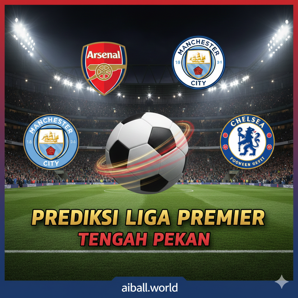 Sebuah kolase visual yang dinamis dan menarik perhatian, menampilkan empat logo klub Liga Premier terkemuka: Arsenal, Manchester City, Liverpool, dan Chelsea, dalam latar belakang stadion yang penuh sorak-sorai saat malam hari. Di tengah, sebuah bola sepak berputar dengan efek kecepatan, dikelilingi oleh teks tebal 'PREDIKSI LIGA PREMIER' dan 'TENGAH PEKAN' dalam bahasa Indonesia. Warna-warna dominan harus cerah (merah, biru, emas) untuk mencerminkan energi pertandingan sepak bola papan atas, memastikan gambar ini cocok untuk artikel prediksi skor di situs olahraga global.