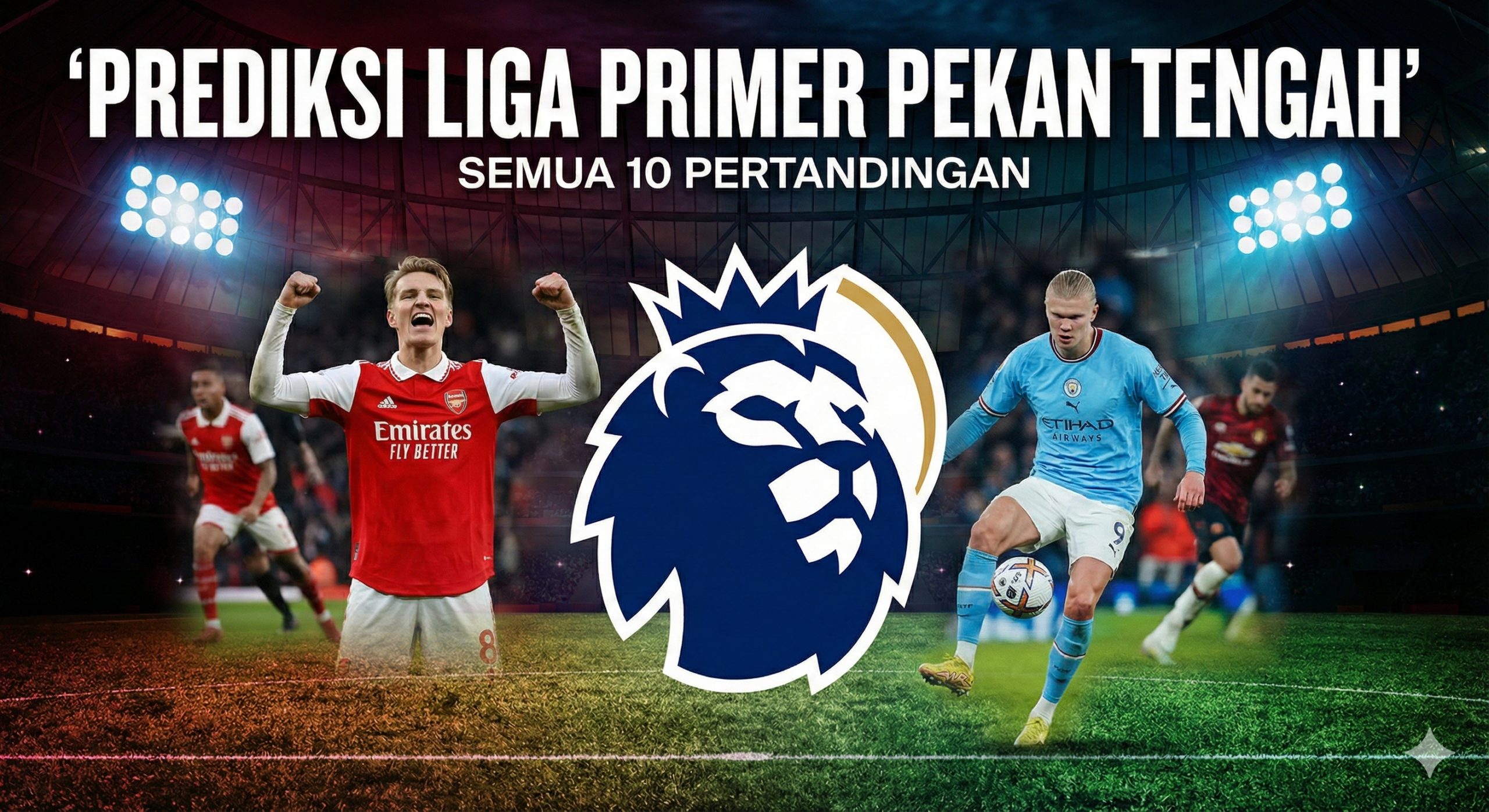 Gambar sampul yang dinamis menampilkan kolase beberapa momen kunci dari pertandingan Liga Primer Inggris yang akan datang di tengah pekan. Fokus utamanya adalah logo Liga Primer yang menonjol di tengah, dikelilingi oleh gambar-gambar kecil yang mewakili tim-tim besar seperti seorang pemain Arsenal yang merayakan gol, pemain Manchester City yang mengontrol bola, dan siluet lapangan yang diterangi lampu sorot di malam hari. Nuansa warna yang kuat dan energik (merah, biru, hijau tua) harus mendominasi untuk menciptakan kesan kegembiraan dan antisipasi. Judul 'Prediksi Liga Primer Pekan Tengah' ditambahkan dalam font yang berani.