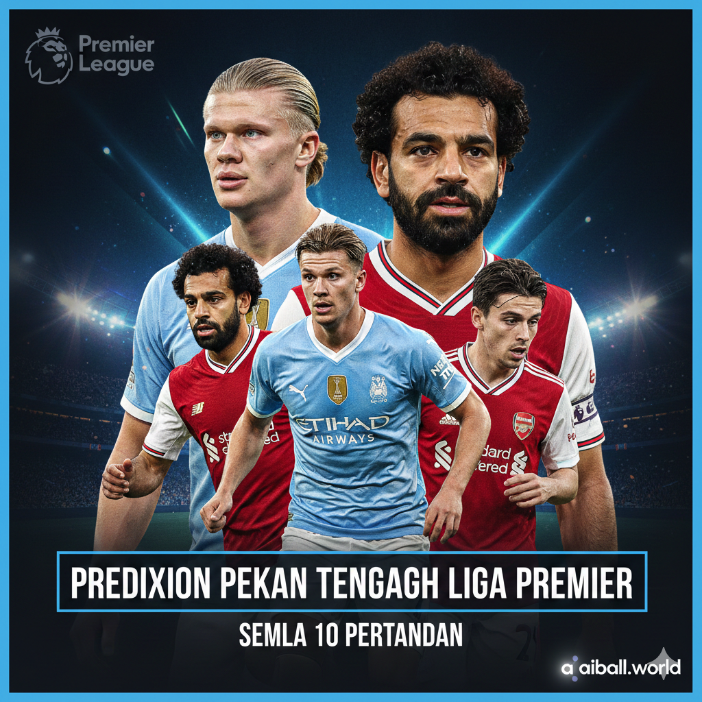 Sebuah gambar sampul yang dinamis dan menarik perhatian, menampilkan kolase yang diedit secara artistik dari beberapa pemain kunci yang berpartisipasi dalam pertandingan tengah pekan Premier League, seperti Erling Haaland (Man City), Mohamed Salah (Liverpool), dan Martin Ødegaard (Arsenal). Latar belakangnya harus bernuansa gelap dengan pencahayaan dramatis, dan di bagian atas atau bawah gambar, harus ada logo Premier League yang sedikit transparan. Tujuannya adalah untuk menyampaikan energi dan antisipasi dari jadwal pertandingan yang padat. Gunakan warna-warna cerah dari jersey tim untuk kontras, memastikan gambar ini langsung menyampaikan konten tentang prediksi sepak bola elit Inggris.