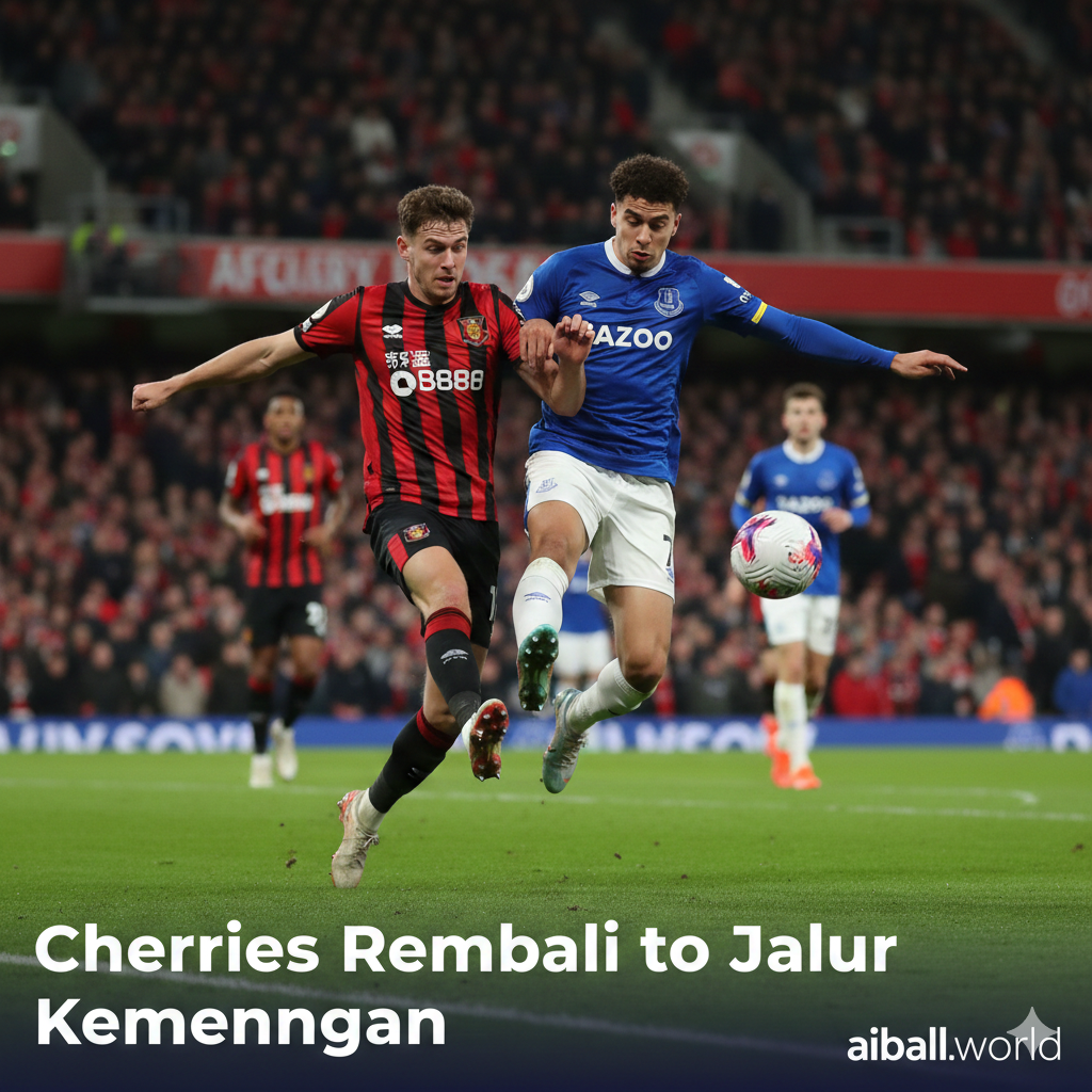 Gambar sampul ini harus menangkap intensitas pertandingan Liga Primer antara Bournemouth (dijuluki 'The Cherries') dan Everton ('The Toffees'). Fokuskan pada bidikan aksi yang dinamis, seperti dua pemain kunci dari masing-masing tim yang sedang berduel merebut bola di lapangan hijau, dengan ekspresi wajah yang menunjukkan tekad dan usaha keras. Latar belakang harus menunjukkan suasana stadion, seperti Stadion Vitality, yang agak buram untuk menonjolkan pemain. Pastikan warna merah dan hitam khas Bournemouth serta biru khas Everton terlihat jelas. Gambar ini harus mencerminkan harapan 'The Cherries' untuk kembali meraih kemenangan.