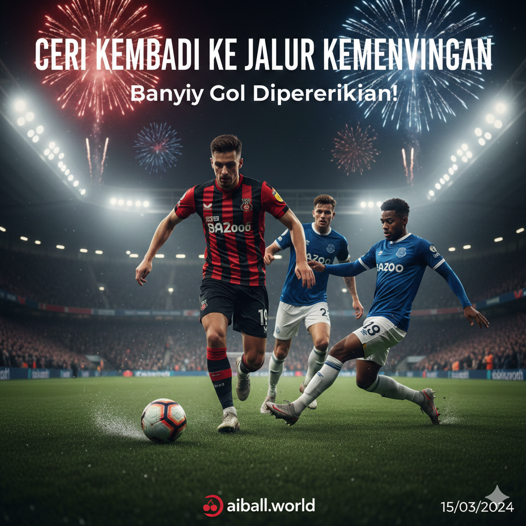 Gambar sampul yang dramatis untuk artikel prediksi pertandingan sepak bola antara Bournemouth (dijuluki 'The Cherries') dan Everton. Fokus utama adalah adegan aksi dinamis di lapangan, menampilkan pemain dari kedua tim dalam perebutan bola yang intens. Di sisi kiri, representasi pemain Bournemouth dalam seragam merah-hitam mereka yang ikonik sedang melakukan dribbling atau menembak. Di sisi kanan, pemain Everton dengan seragam biru khas mereka berusaha menghadang. Latar belakang harus menunjukkan suasana malam di stadion, dengan lampu sorot yang terang benderang dan penonton di tribun yang tampak samar, memberikan kesan energi dan urgensi. Gambar ini bertujuan untuk membangkitkan antisipasi pertandingan dan mendukung prediksi bahwa Bournemouth akan kembali menang dan terjadi banyak gol.