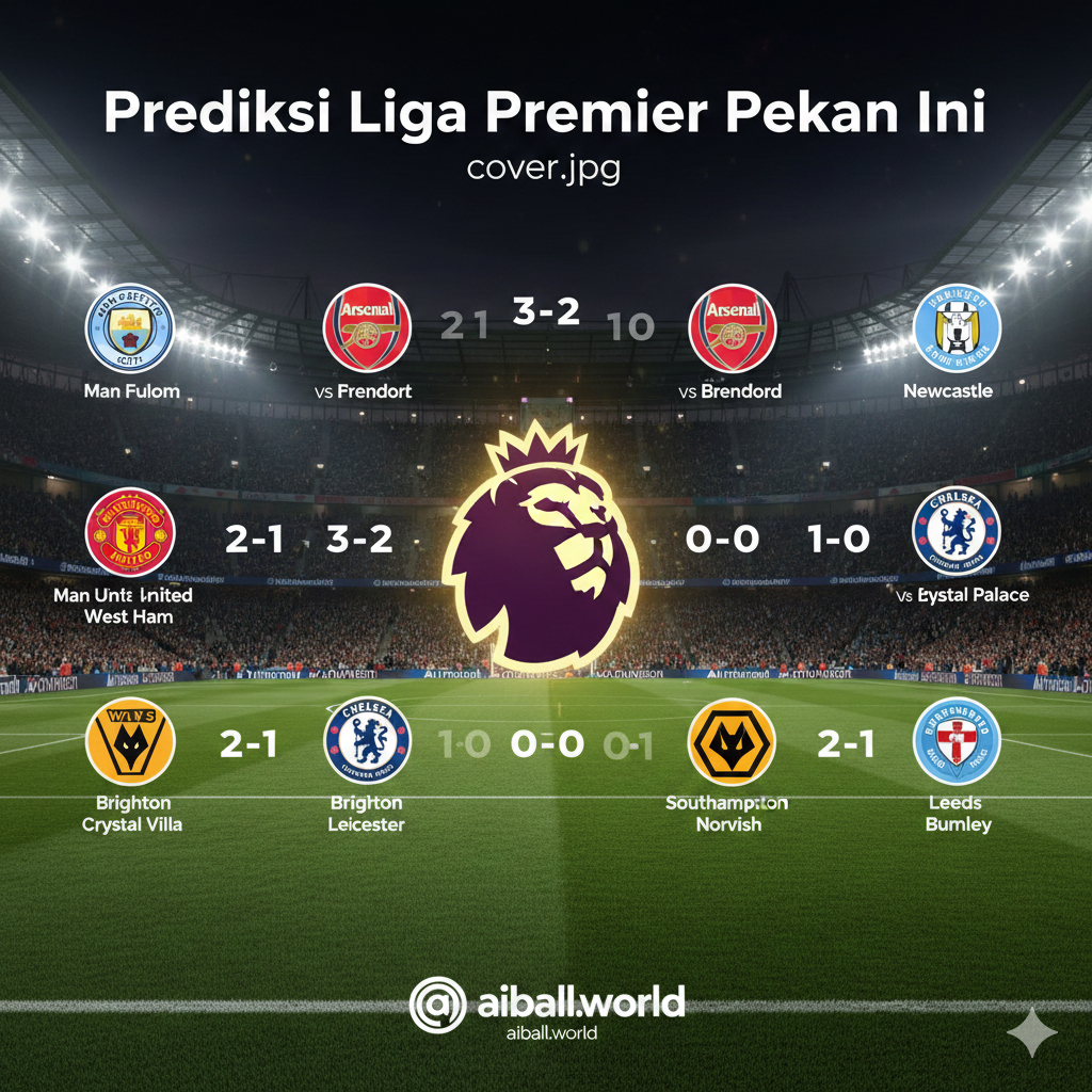 Fokus pada visualisasi dinamis yang mewakili prediksi pertandingan Liga Premier tengah pekan. Gambaran utama harus menampilkan logo Liga Premier yang ikonik dengan latar belakang stadion yang ramai, diterangi oleh lampu sorot malam hari. Tambahkan elemen grafis berupa 10 ikon tim yang berhadapan (misalnya, Man City vs Fulham, Arsenal vs Brentford) yang diatur dalam grid, dengan sedikit efek buram pada angka prediksi skor yang menonjol di tengah, mengisyaratkan ketegangan dan hasil yang tidak terduga. Warna harus cerah dan energik, seperti merah dan biru, mencerminkan semangat kompetisi. Teks superimposis minimalis yang berbunyi "Prediksi Liga Premier Pekan Ini" dalam bahasa Indonesia harus diletakkan dengan jelas.