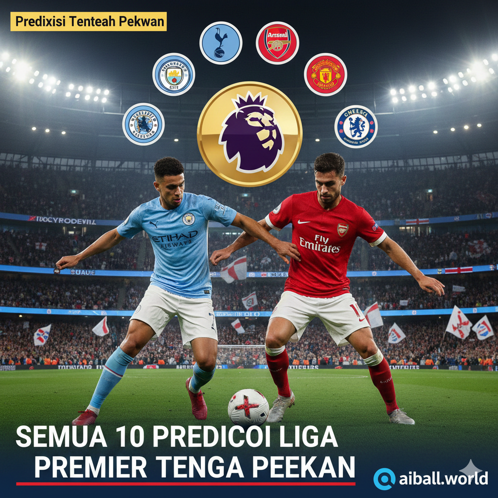 Sebuah kolase dinamis yang menampilkan logo resmi Liga Premier Inggris di tengah, dikelilingi oleh ikon-ikon visual dari tim-tim top yang diprediksi akan bertanding sengit di tengah pekan. Di latar depan, gambaran dua pemain yang sedang berduel intens (misalnya, pemain Man City vs. pemain Arsenal atau Chelsea) dengan stadion yang penuh sesak menjadi latar belakang. Palet warna didominasi oleh warna-warna cerah dan kontras untuk menonjolkan energi dan ketegangan pertandingan. Teks kecil 'Prediksi Tengah Pekan' disematkan di sudut untuk konteks.