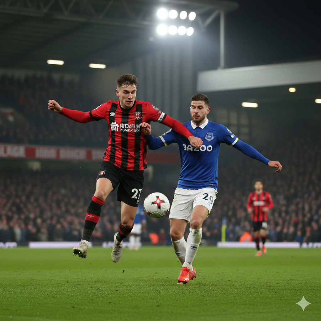 Gambar berfokus pada dua pemain kunci dari tim Bournemouth dan Everton yang berhadapan di lapangan sepak bola, mungkin saat perebutan bola atau saling tatap intens, dengan latar belakang stadion Vitality yang penuh sesak saat malam hari. Pemain Bournemouth (dengan jersey merah-hitam) harus menonjolkan semangat 'Cherries' mereka, sementara pemain Everton (dengan jersey biru) menunjukkan kekecewaan atau tekad untuk bangkit. Gambar harus menangkap ketegangan dan harapan dari pertandingan Premier League ini, menekankan prediksi kemenangan untuk tim tuan rumah, Bournemouth, sesuai dengan judul 'Cherries to return to winning ways'. Ekspresi wajah pemain harus mencerminkan intensitas pertarungan di lapangan.
