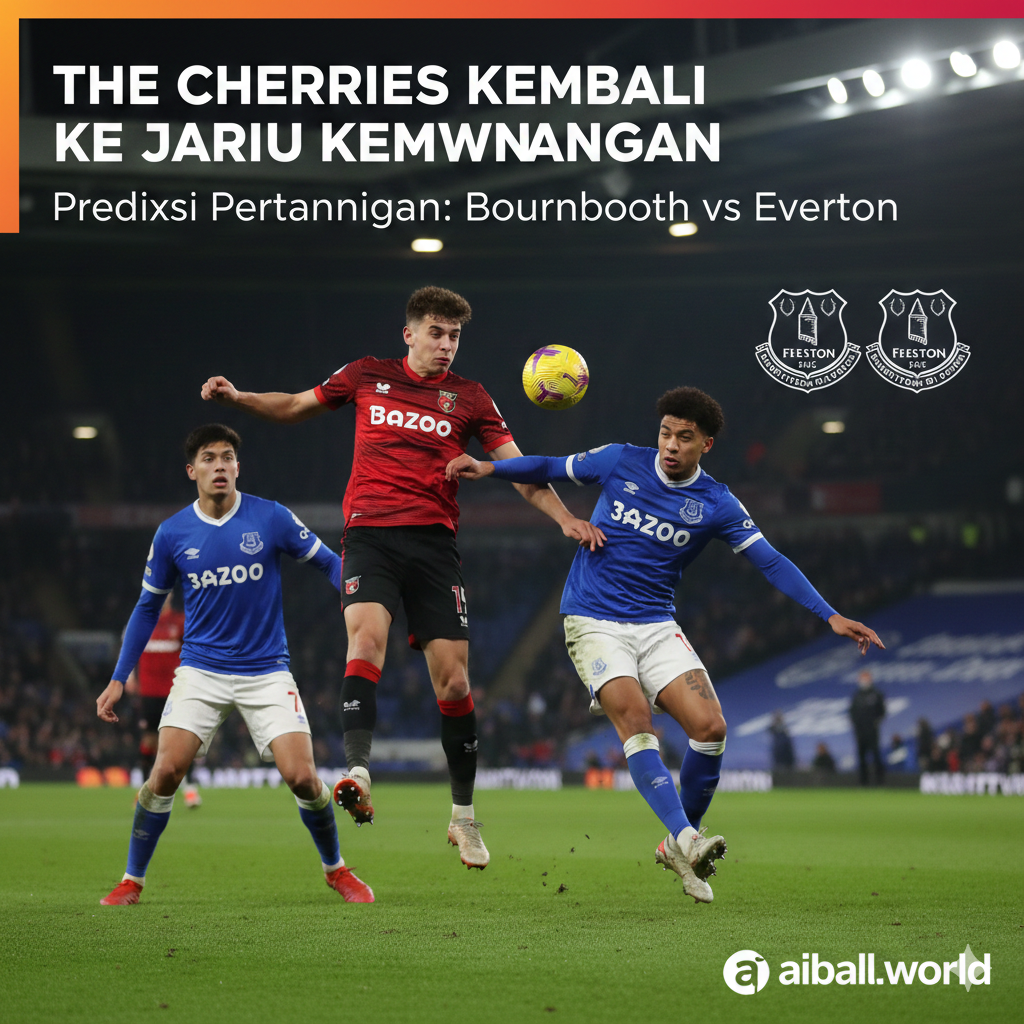 Sebuah gambar aksi bersemangat dari pertandingan sepak bola Liga Primer antara AFC Bournemouth (dijuluki 'The Cherries') dan Everton FC ('The Toffees'). Gambar harus menangkap momen dinamis dengan fokus pada satu atau dua pemain dari masing-masing tim yang sedang berjuang memperebutkan bola di lapangan hijau yang diterangi cahaya stadion pada malam hari. Pemain Bournemouth idealnya mengenakan seragam merah-hitam tradisional mereka, sementara pemain Everton mengenakan seragam biru khas. Logo kedua tim atau latar belakang stadion Vitality Stadium akan menambah konteks. Tujuannya adalah untuk memicu minat pada prediksi kembalinya Bournemouth ke jalur kemenangan.