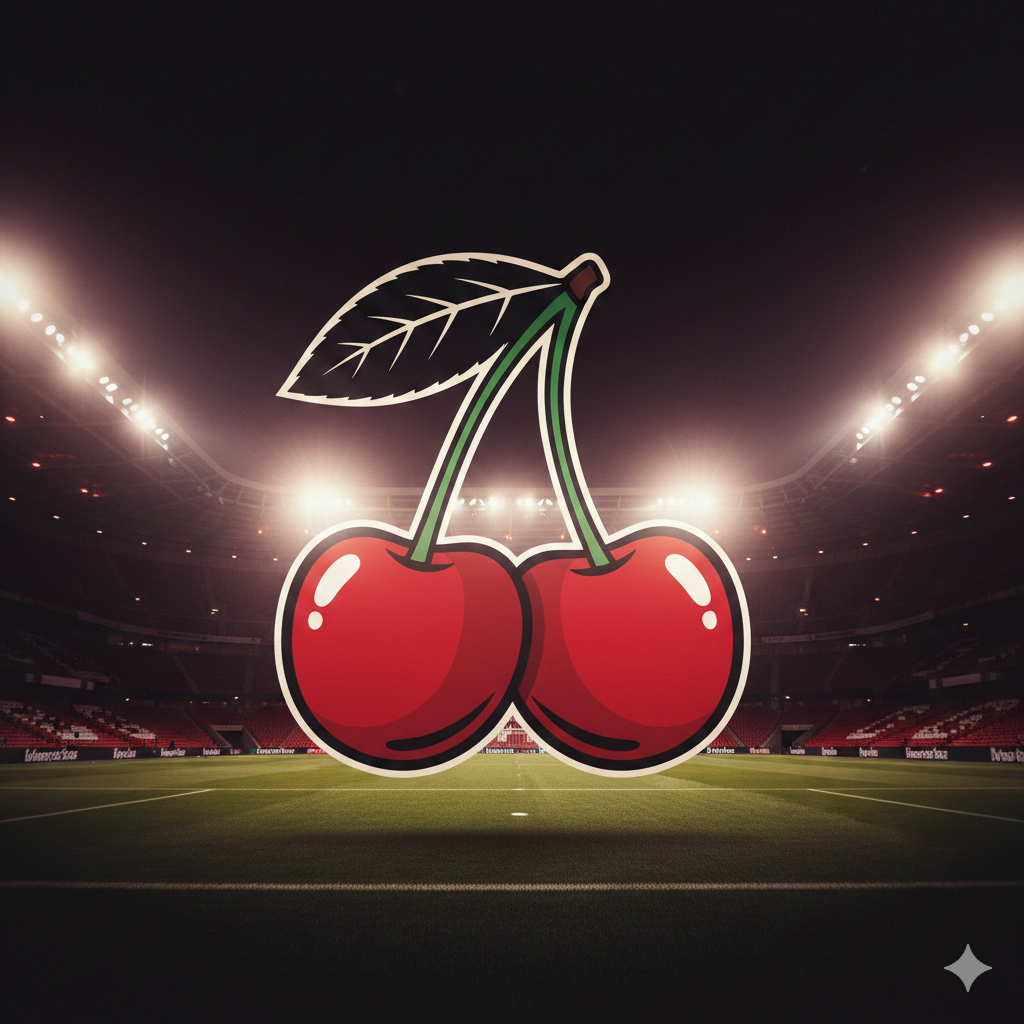 Gambar sampul yang dramatis menampilkan ikon klub AFC Bournemouth (Cherries). Fokus utamanya adalah logo klub yang diperbesar, mungkin dengan latar belakang kabur dari lapangan Vitality Stadium di malam hari, memberikan suasana pertandingan yang mendesak dan penuh tekad. Pencahayaan harus menonjolkan warna merah dan hitam khas Bournemouth, melambangkan 'kembalinya ke jalur kemenangan' (return to winning ways) setelah beberapa kekalahan. Gambar ini bertujuan untuk membangkitkan semangat juang dan antisipasi kemenangan yang diprediksi atas Everton.