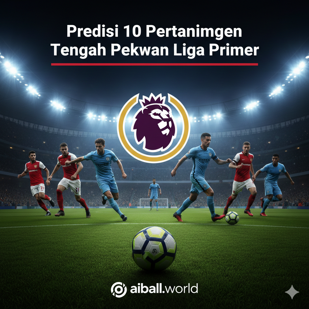 Sebuah gambar visual yang dinamis dan berenergi tinggi yang mewakili aksi Liga Primer Inggris di tengah pekan. Fokus utamanya adalah logo Liga Primer yang ikonik, dikelilingi oleh siluet beberapa pemain kunci dari tim-tim besar seperti Arsenal, Manchester City, dan Chelsea yang sedang berlari atau menendang bola di bawah lampu sorot stadion pada malam hari. Palet warnanya didominasi oleh warna biru, merah, dan kuning yang cerah untuk mencerminkan semangat kompetisi. Di latar depan, sebuah bola sepak diletakkan di tengah lapangan yang diterangi dengan cahaya dramatis, siap untuk kickoff. Gambar ini harus menarik perhatian pembaca untuk prediksi pertandingan tengah pekan yang menarik.