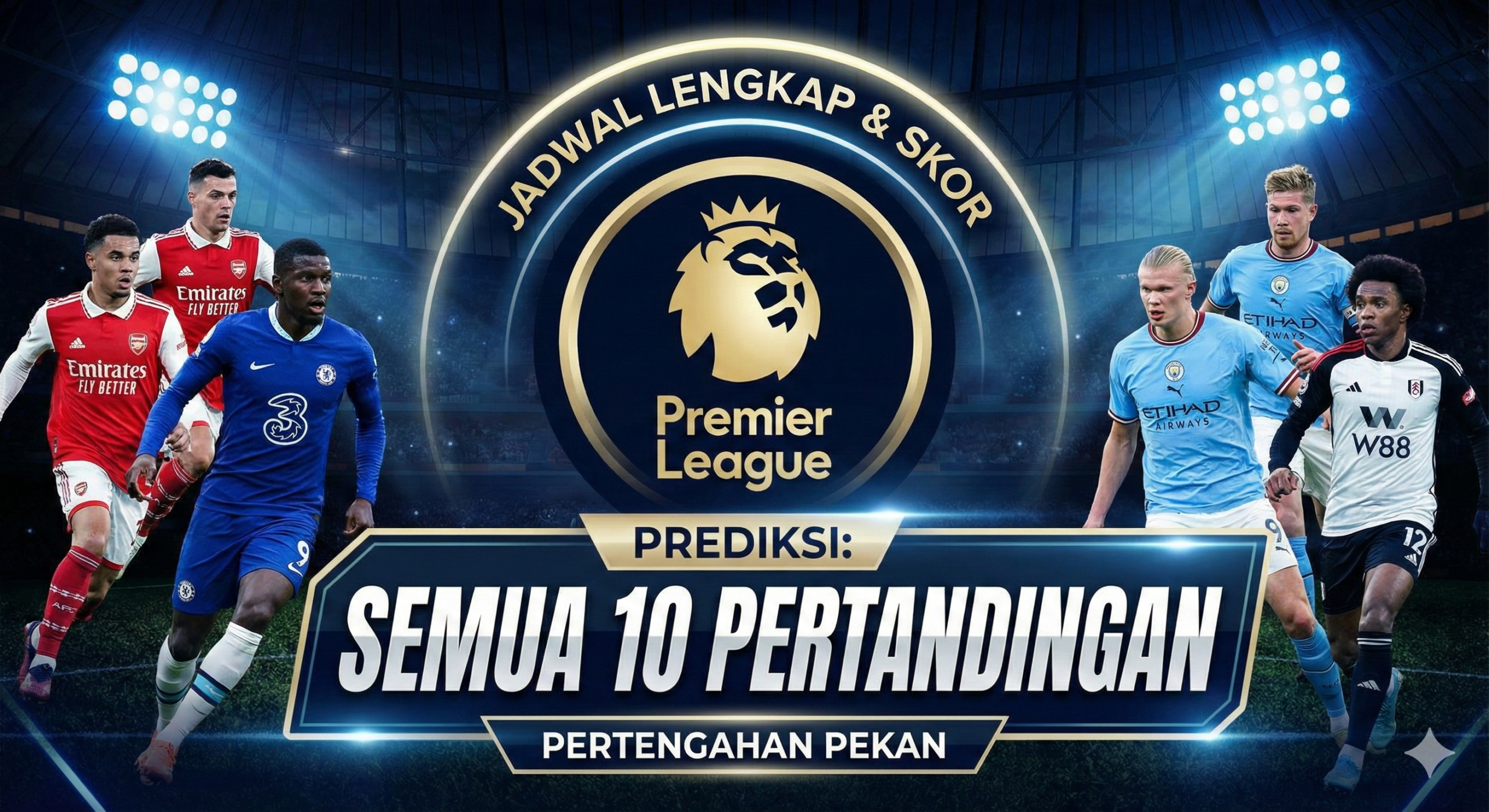 Sebuah kolase dinamis yang menampilkan empat bintang Premier League terkemuka yang bermain di pertandingan besar tengah pekan. Di sudut kiri atas, fokus pada Mohamed Salah (Liverpool) yang merayakan gol; di sudut kanan atas, Erling Haaland (Man City) dengan ekspresi tekad yang kuat; di sudut kiri bawah, Bukayo Saka (Arsenal) sedang beraksi; dan di sudut kanan bawah, Son Heung-min (Tottenham) sedang berlari. Di tengah kolase, teks yang menarik perhatian: 'Prediksi Premier League Tengah Pekan' dalam bahasa Indonesia, menggunakan font tebal dan cerah, mengisyaratkan pertandingan-pertandingan menarik antara 20 klub yang akan bertanding.