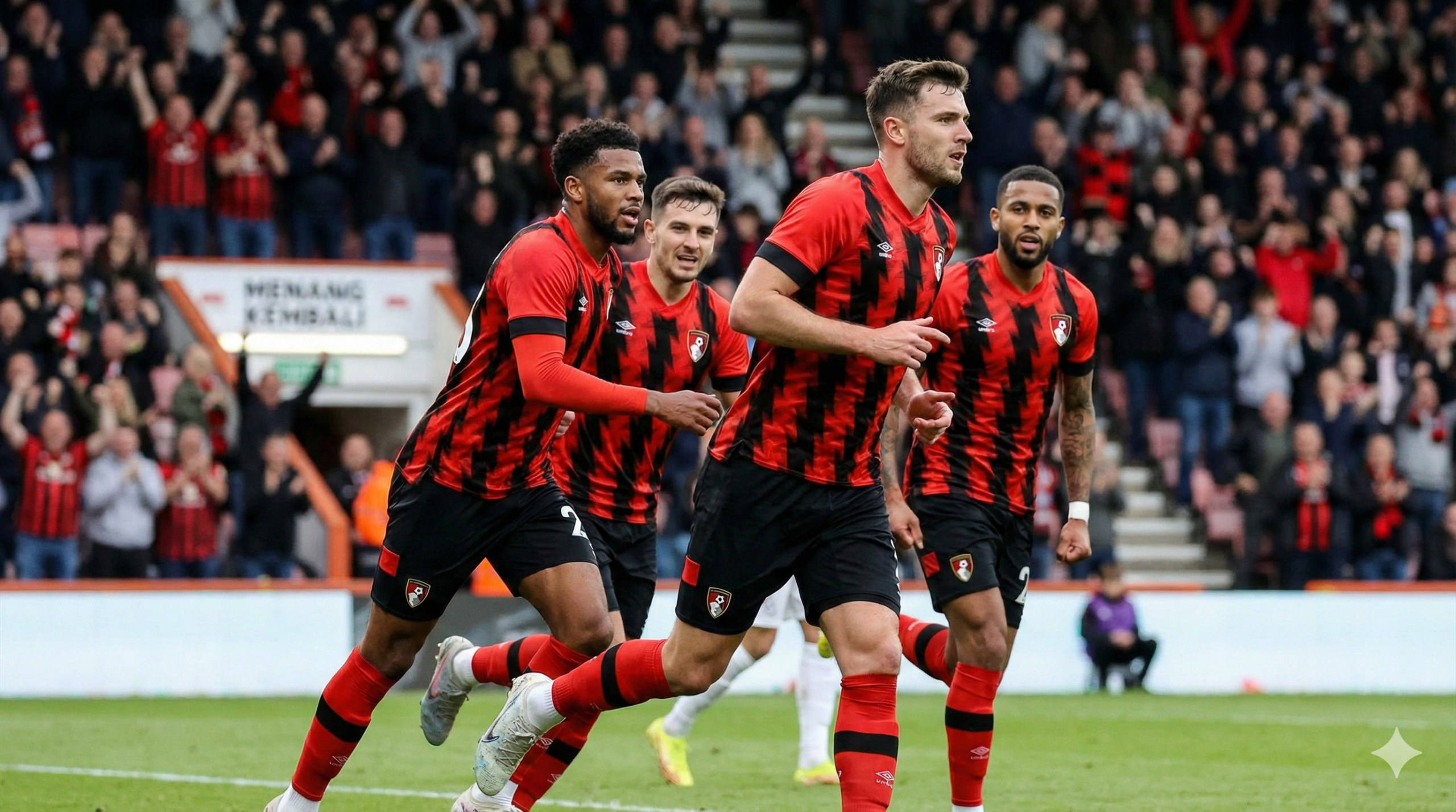 Sebuah foto aksi beresolusi tinggi yang menangkap momen intens dari pertandingan sepak bola, idealnya menampilkan pemain AFC Bournemouth ('The Cherries') sedang merayakan gol atau dalam perebutan bola yang sengit. Warna merah dan hitam khas Bournemouth harus menonjol. Ekspresi wajah pemain harus menunjukkan tekad untuk bangkit kembali dan meraih kemenangan. Latar belakang harus menunjukkan atmosfer stadion yang hidup. Foto ini bertujuan untuk menarik perhatian pembaca dan merefleksikan judul tentang kembalinya Bournemouth ke jalur kemenangan melawan Everton.