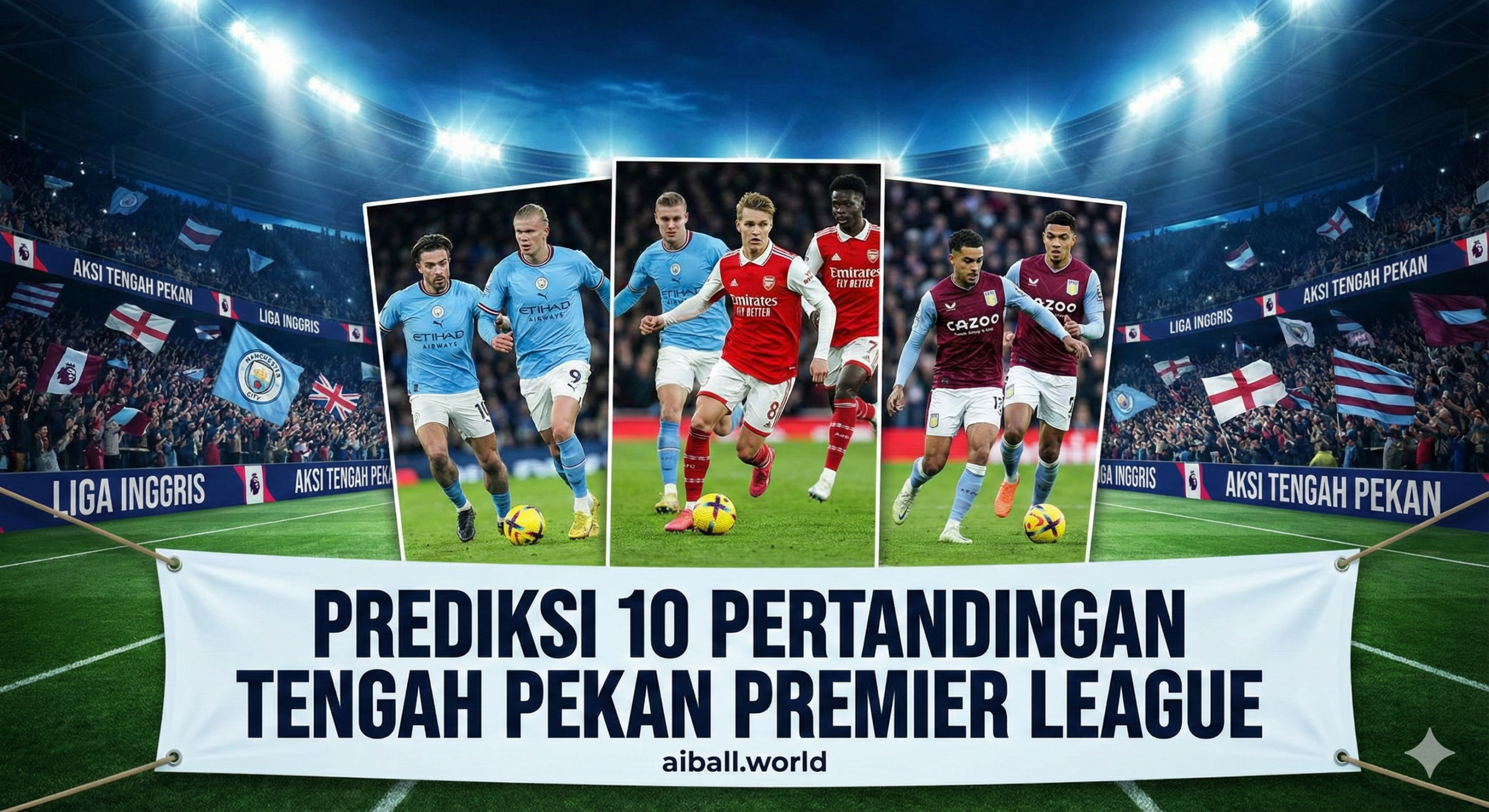 Gambar komposit yang hidup dan penuh warna yang menampilkan drama putaran tengah pekan Liga Premier. Stadion sepak bola yang terang benderang di malam hari.