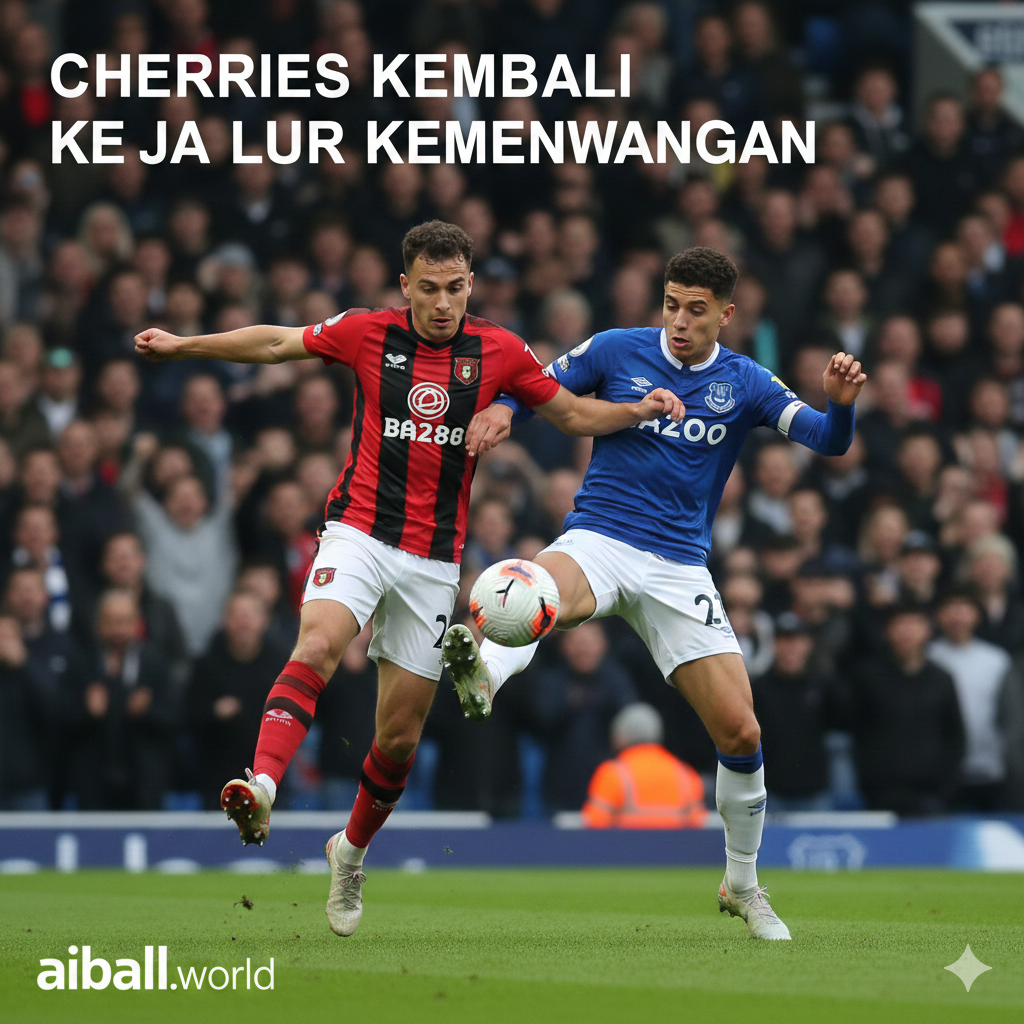 Momen aksi dinamis di tengah lapangan yang memperlihatkan duel perebutan bola yang sengit antara penyerang Bournemouth dan pemain bertahan Everton. Pemain Bournemouth terlihat agresif berusaha menembus pertahanan lawan, mencerminkan tekad 'The Cherries' untuk kembali ke jalur kemenangan setelah rentetan hasil buruk. Latar belakang gambar menampilkan tribun penonton yang buram namun terlihat penuh semangat, memberikan konteks atmosfer pertandingan kandang yang menekan bagi tim tamu, sesuai dengan analisis statistik yang mengunggulkan tuan rumah.