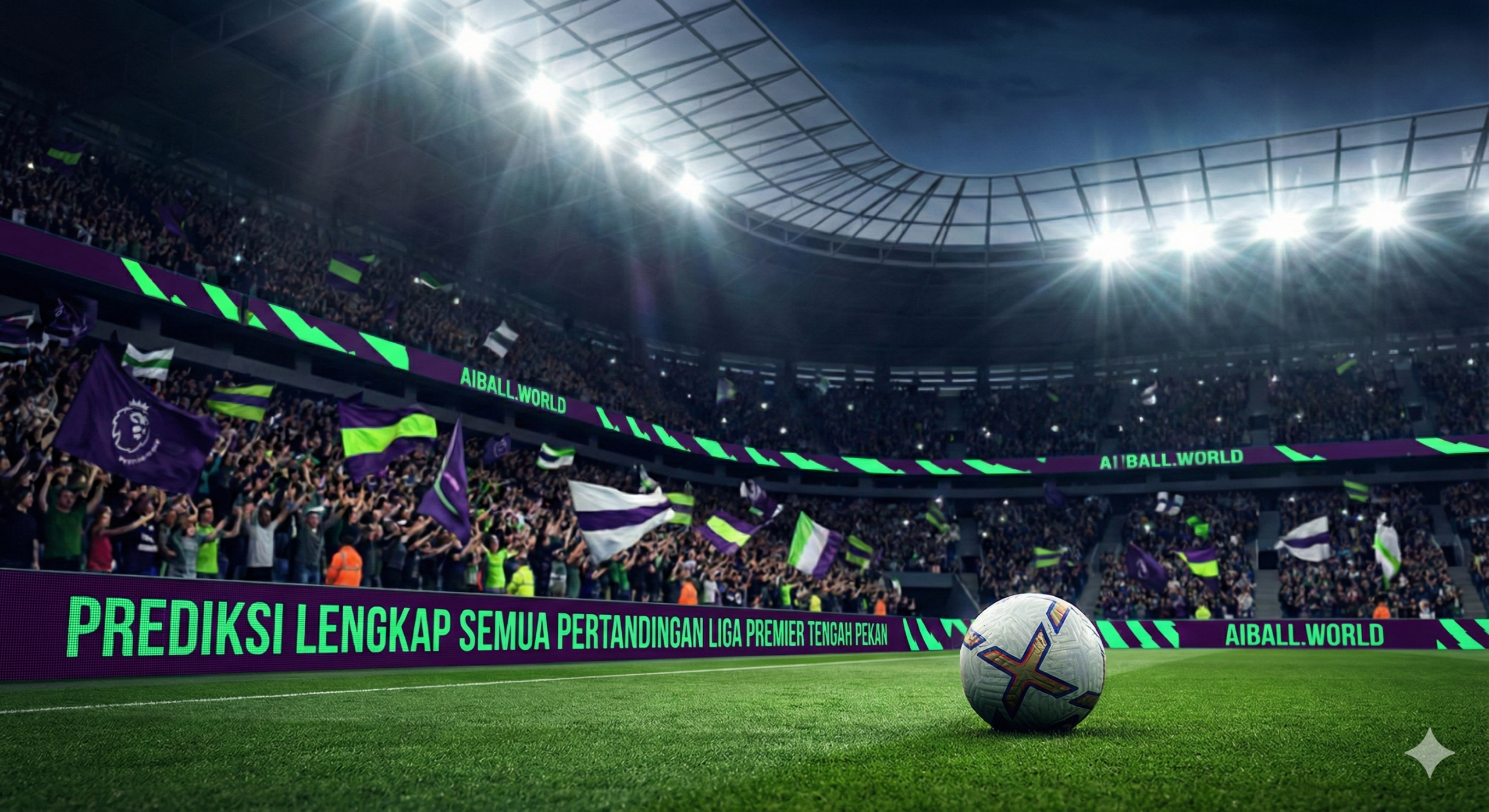 一张充满张力的英超联赛周中比赛主题封面图。画面展示了一个灯火通明的现代化足球场夜景，明亮的泛光灯照亮了翠绿的草坪，营造出周中夜赛的独特氛围。前景是一个特写的足球，纹理清晰可见，背景是模糊的看台和挥舞旗帜的球迷，色彩以英超标志性的深紫色、霓虹绿和白色为主色调。构图采用低角度拍摄，突显球场的宏大与比赛即将开始的紧张感，风格写实且具有高清晰度的体育摄影质感。