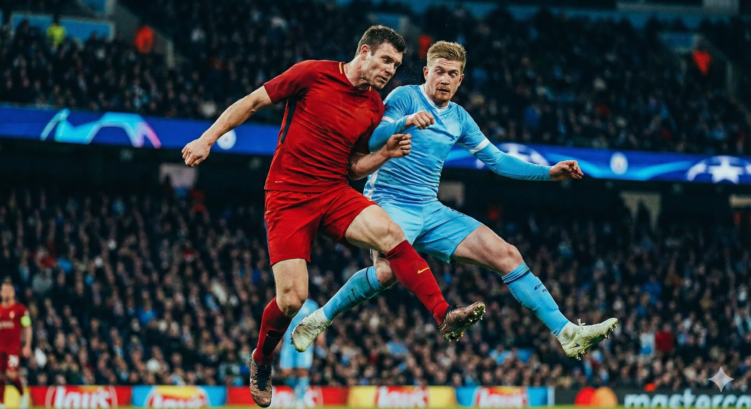 一张表现激列对抗的足球赛场动作图，用于文章中间部分。画面捕捉了两名身穿不同颜色球衣（如红色和浅蓝色，暗示阿森纳与曼城的竞争）的球员在空中争顶头球的瞬间，肌肉线条清晰，动作充满爆发力。背景使用了动态模糊效果来强调速度感，模糊的人群和广告牌增加了现场的热烈气氛。光影处理富有戏剧性，聚光灯打在球员身上，风格为现代体育新闻摄影风格，色彩饱和度高，视觉冲击力强。