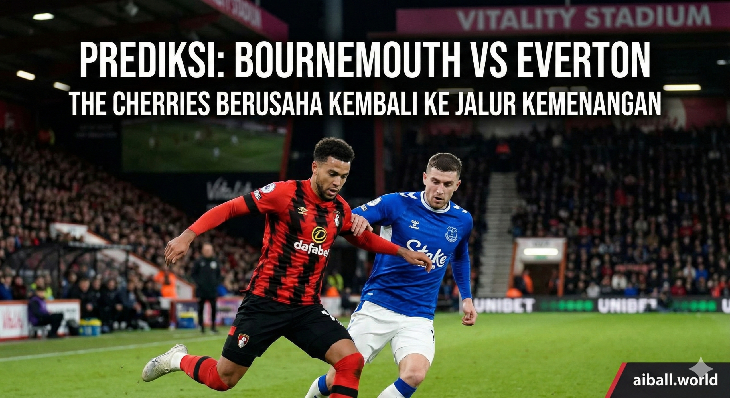 A dynamic and high-energy visual representation of the Premier League match between Bournemouth and Everton at the Vitality Stadium. The composition features a split view or a duel between a Bournemouth player in their iconic red and black striped kit and an Everton player in their traditional blue jersey. The background shows the stadium illuminated by bright floodlights under a night sky, reflecting the Tuesday night fixture mentioned in the article. The atmosphere is electric with blurred crowds in the stands. The style is realistic sports photography with high contrast and vibrant colors to highlight the intensity of the upcoming clash.