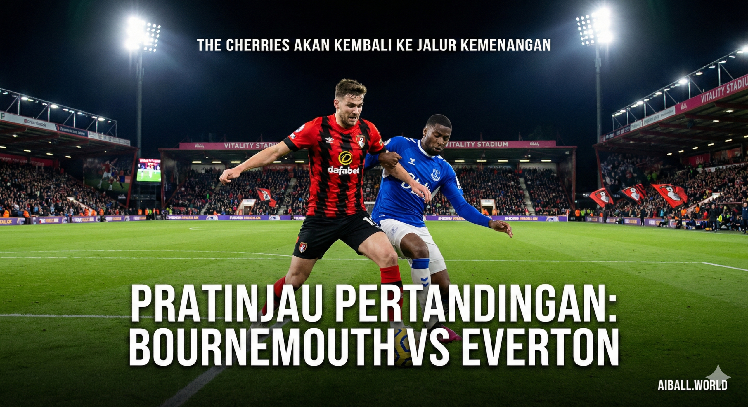 A dynamic and high-energy cover image for a Premier League football match preview featuring Bournemouth vs Everton. The composition should highlight the Vitality Stadium atmosphere with the pitch floodlights shining brightly against a night sky. Include visual elements representing both teams, such as the red and black stripes of Bournemouth contrasting with the royal blue of Everton, blended artistically or shown on team flags. The style should be realistic sports photography, crisp and vibrant, capturing the anticipation of the Tuesday night clash and the determination of the Cherries to return to winning ways.
