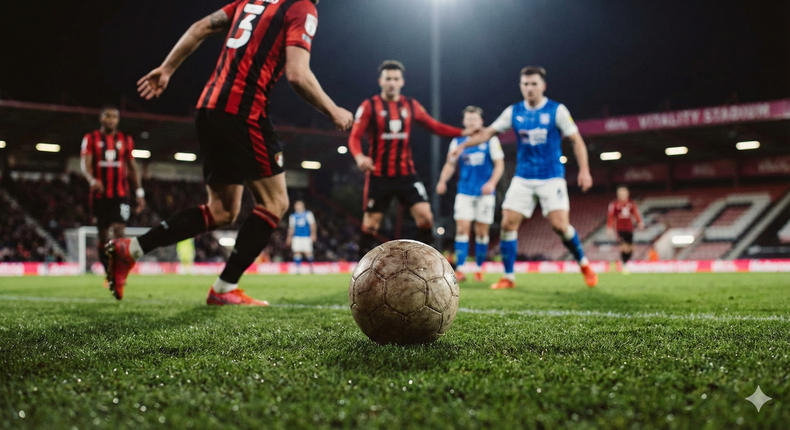 An atmospheric content image suitable for the middle of a football article, focusing on the intensity of the game. The image features a sharp close-up of a professional football on the lush green grass of Vitality Stadium, with the blurred background showing the motion of players in red and black kits pressing forward. The lighting should suggest an evening kick-off with dramatic stadium illumination. This visual supports the sections on team news and statistics, emphasizing the home advantage and the tactical battle expected on the pitch.