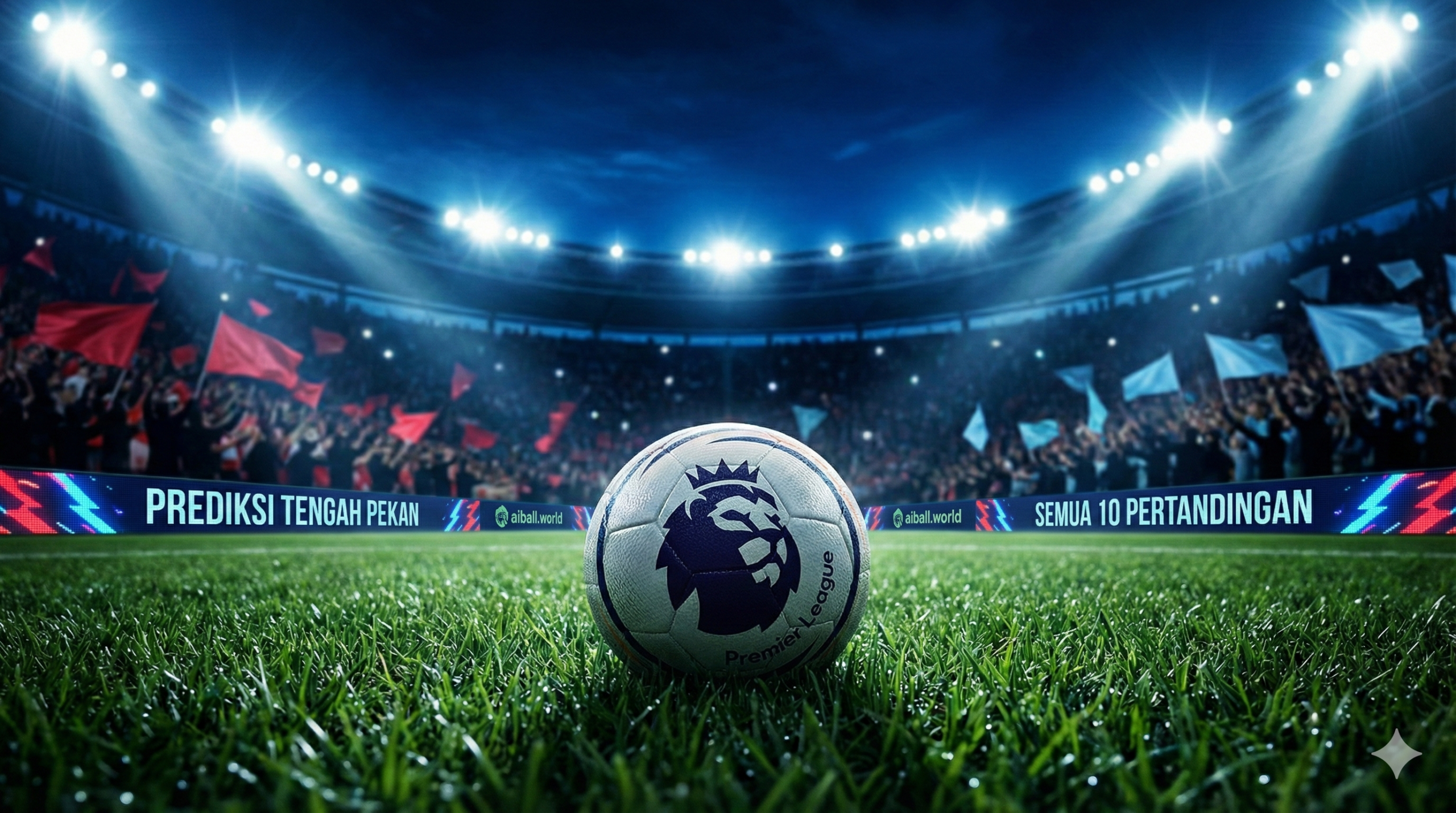 Poster malam pertandingan sepak bola Liga Premier yang penuh ketegangan, menunjukkan bola pertandingan gaya Liga Premier di lapangan rumput hijau dengan latar belakang stadion yang terang benderang dan penonton yang antusias.