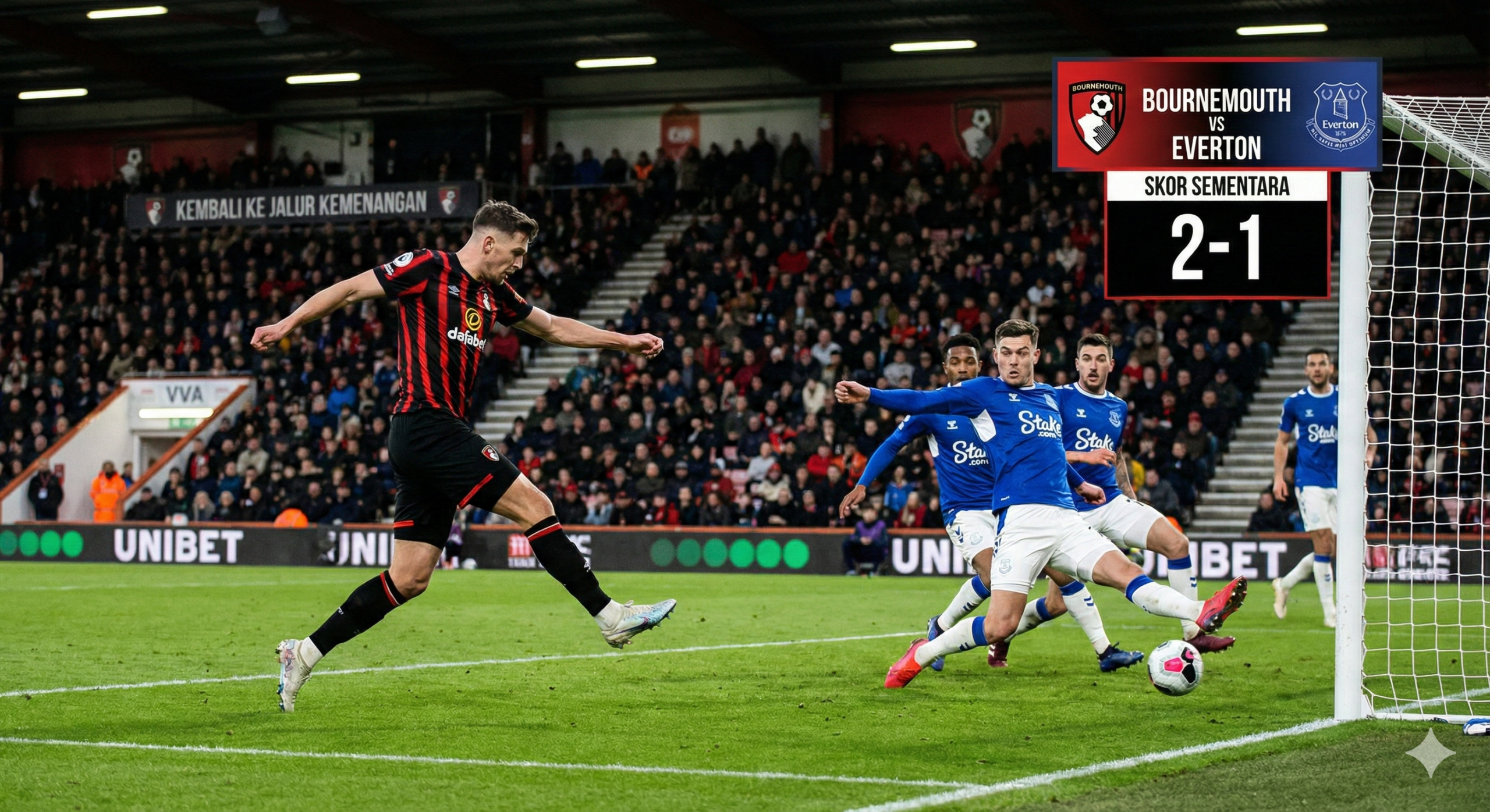 一张聚焦于进攻瞬间的比赛现场图，用于配合文章中的比赛分析和胜负预测。画面主要展示伯恩茅斯队在对方禁区内发起进攻或射门的瞬间，体现“樱桃军团”渴望重回胜利轨道的决心。埃弗顿的防守球员处于被动状态，画面充满动感，绿色的草皮纹理清晰可见。光影处理具有戏剧性，强调球员的动作细节，呼应文章中关于进球数大于2.5的预测分析。