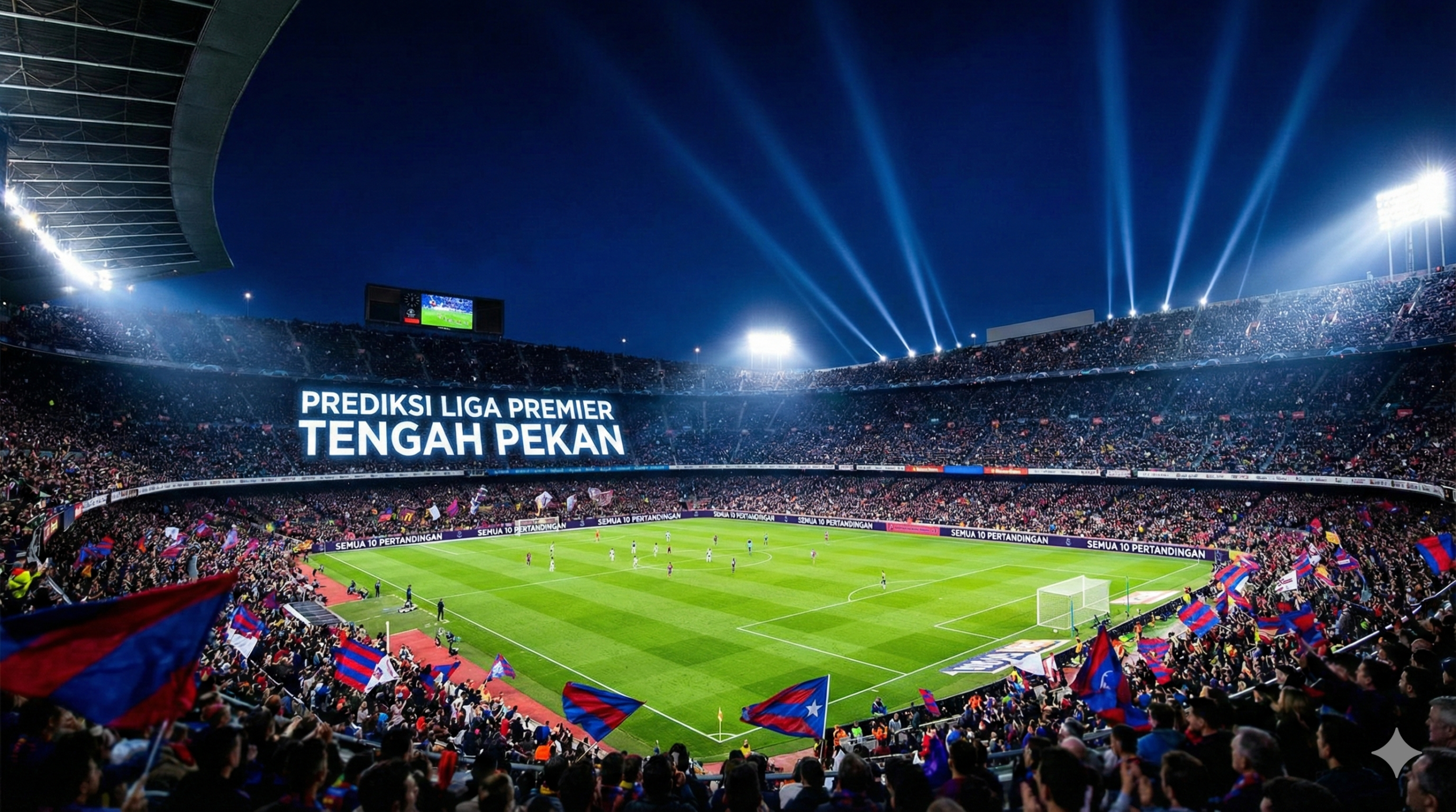 一张宏大且充满活力的英超足球体育场夜景概念图，象征着周中密集的赛程。画面展示了灯火通明的球场，泛光灯在深蓝色的夜空中形成强烈的光柱，照亮了翠绿的草坪。构图宏伟，视角从高处俯瞰或平视球场中心，虽不特指某具体球队，但通过红、蓝、白等英超常见配色的旗帜或灯光氛围，暗示阿森纳、曼城和利物浦等豪门的激烈竞争。风格写实高清，具有极强的体育赛事氛围感。