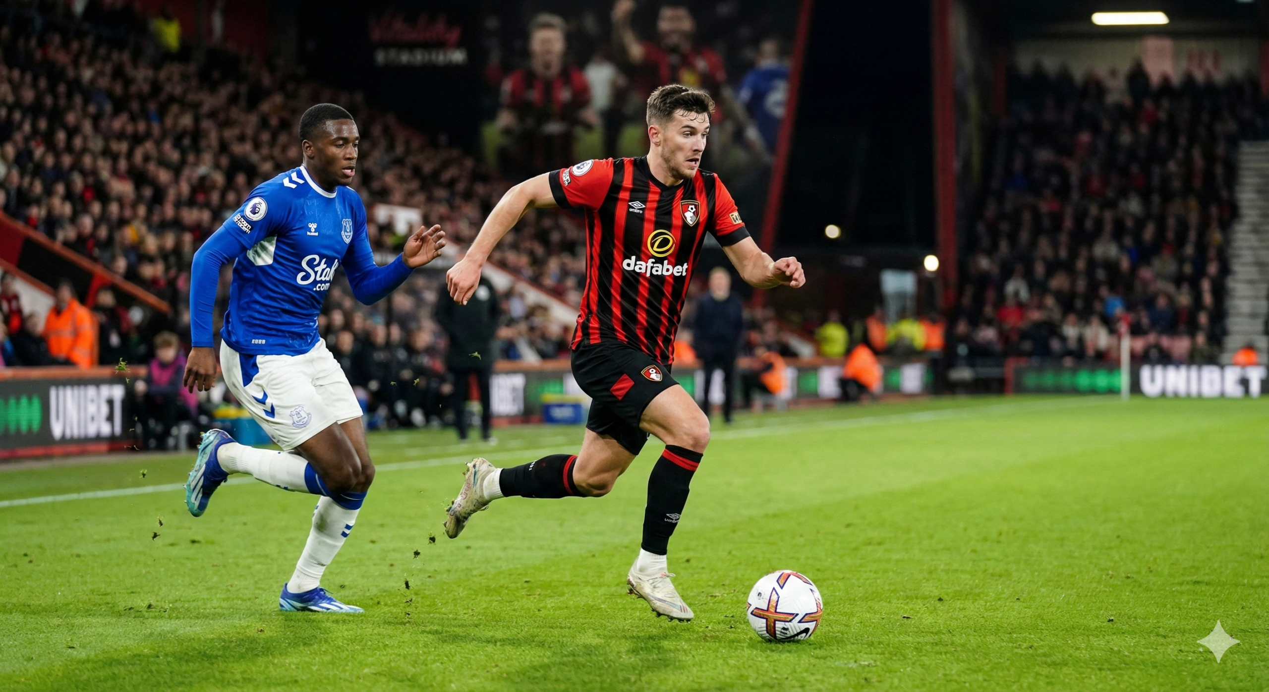 激烈的足球比赛现场特写镜头，焦点聚集在草皮上的足球和两名球员正在激烈争抢的双腿上，捕捉瞬间的动态美。背景是深度虚化的观众席和球场灯光，营造出一种紧张的竞技氛围。画面中运用了动态模糊效果来表现速度和力量，色彩饱满，光影对比强烈，突显出英超联赛的高水平对抗。这张图片适合插入在文章中间，呼应纽卡斯尔对阵热刺或布莱顿对阵阿斯顿维拉等关键战役的分析。