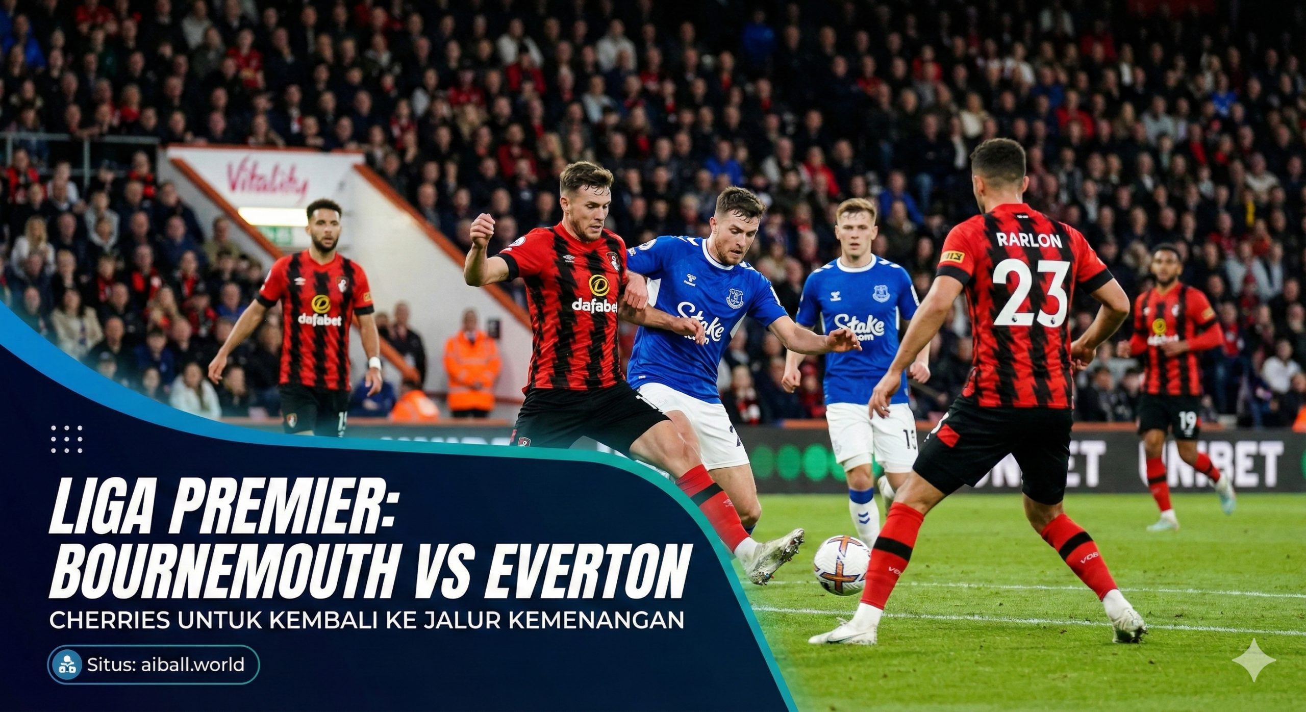 A high-energy, realistic football match scene at the Vitality Stadium under bright evening floodlights. The image features Bournemouth players in their signature red and black striped kits intensely vying for possession against Everton players in blue jerseys. The composition captures the dynamic movement and physical challenge of a Premier League clash. The background shows blurred stadium stands filled with spectators, creating an electric atmosphere that reflects the importance of this match for Bournemouth's return to winning ways. The colors should be vibrant, emphasizing the green pitch and the contrasting team kits.
