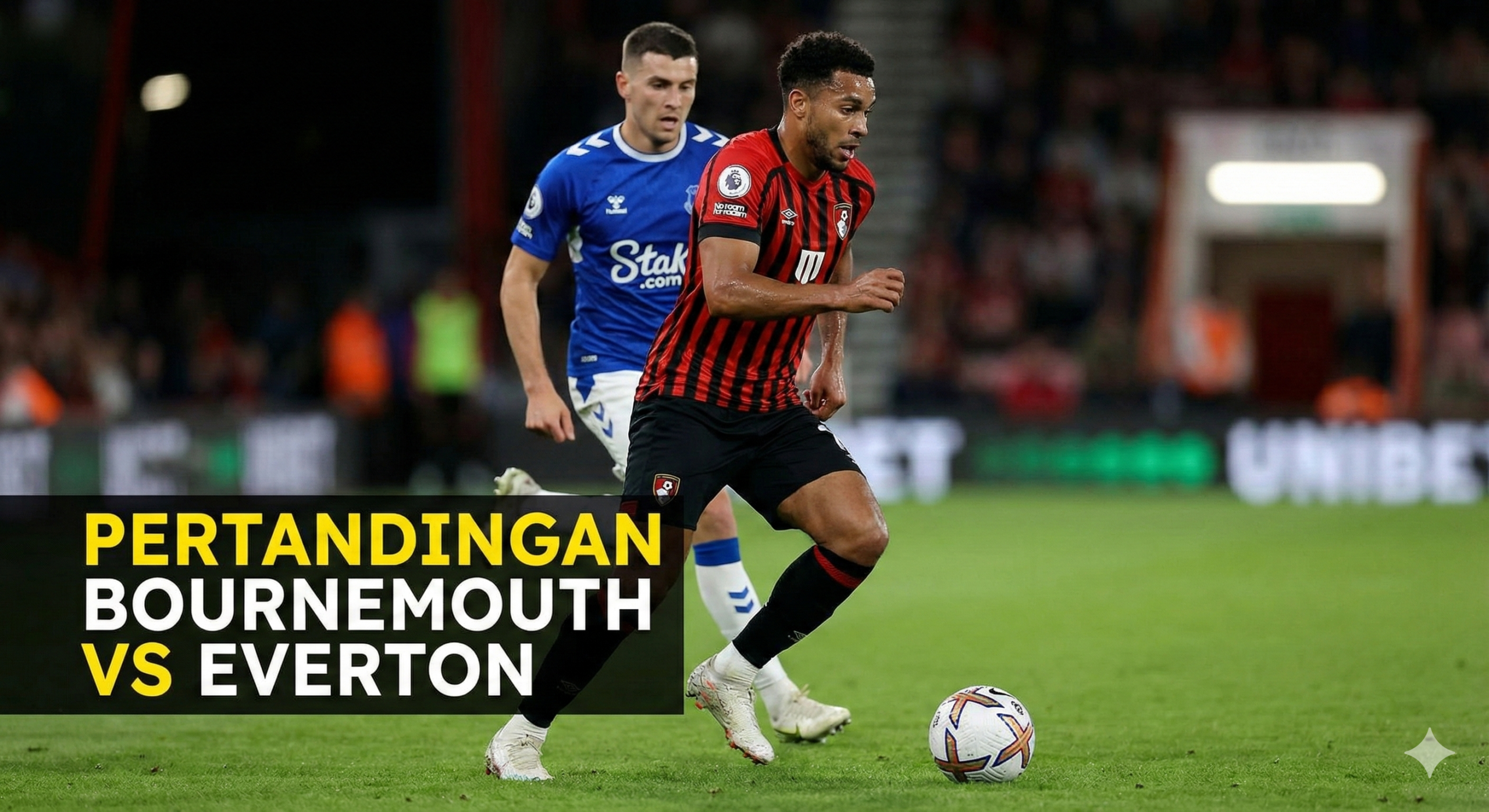A sharp, close-up action shot of a Bournemouth forward driving the ball towards the goal, showcasing offensive determination. The player is wearing the home red and black kit, with beads of sweat visible to highlight the intensity. An Everton defender in blue is trailing slightly behind or attempting a tackle. The lighting focuses on the player and the ball, with the green grass of the pitch vividly rendered. This image supports the article's betting recommendation for a Bournemouth win and a high-scoring game, capturing the attacking quality of the home side.