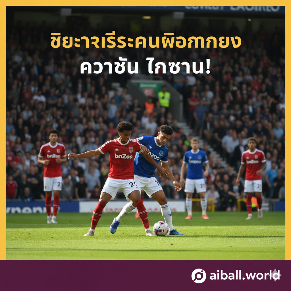 ภาพบรรยากาศการแข่งขันฟุตบอลพรีเมียร์ลีกที่สนามไวทาลิตี้ สเตเดียม (ดีน คอร์ต) แสดงให้เห็นนักเตะทีมบอร์นมัธในชุดแข่งสีแดงดำ และนักเตะทีมเอฟเวอร์ตันในชุดแข่งสีน้ำเงิน กำลังแย่งชิงลูกฟุตบอลกันอย่างดุเดือดในสนามหญ้าสีเขียวขจี ท่ามกลางบรรยากาศแฟนบอลที่คึกคักบนอัฒจันทร์ เพื่อสื่อถึงความมุ่งมั่นของ 'เดอะ เชอร์รีส์' ที่ต้องการกลับมาคว้าชัยชนะในบ้าน