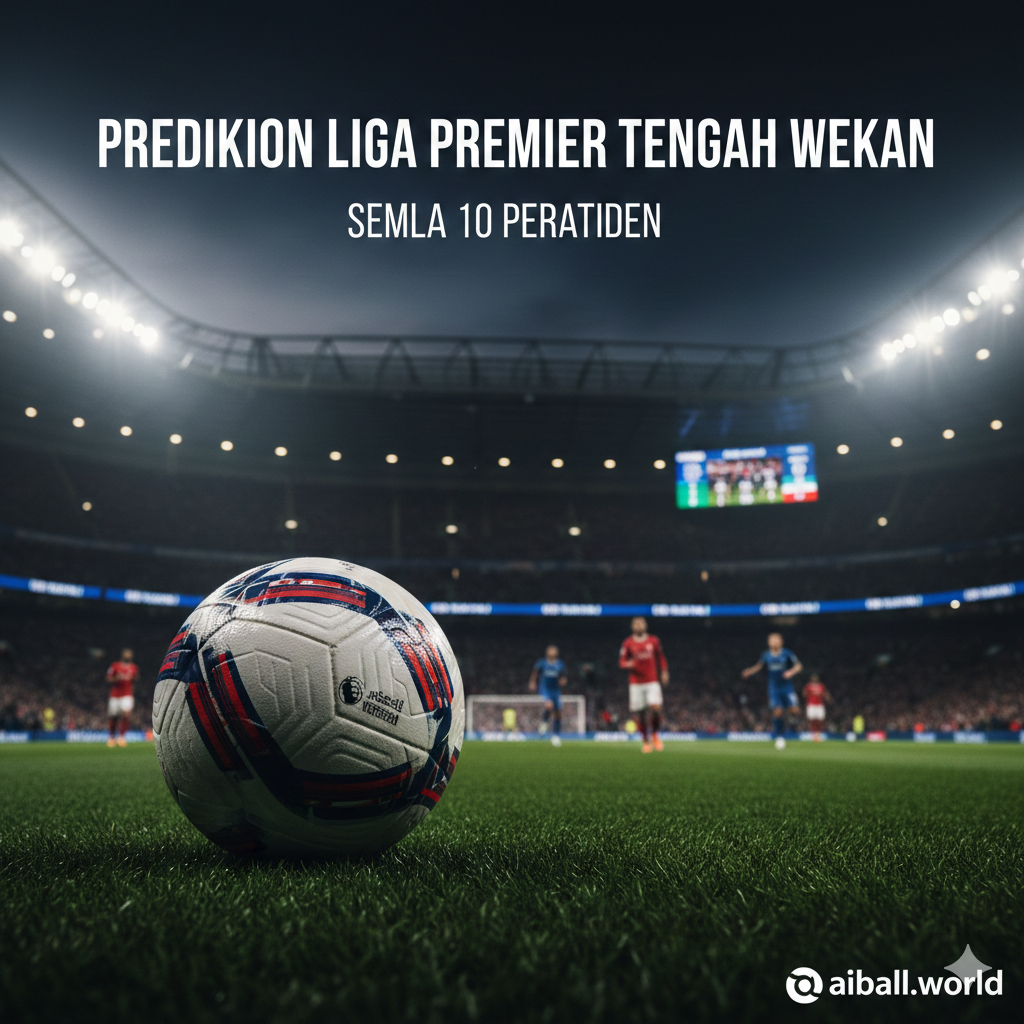 A high-energy cinematic wide shot of a Premier League stadium under bright floodlights during a midweek night match. In the foreground, a professional soccer ball with the official league design sits on the lush green grass. In the background, the blurred silhouettes of players in red and blue kits are seen competing, with a packed stadium and glowing digital scoreboards showing match statistics. The color palette features deep night blues, vibrant stadium greens, and warm golden light flares, creating an atmosphere of intense professional competition and excitement.