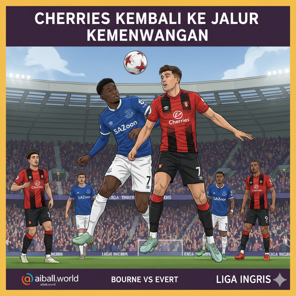 Sebuah ilustrasi aksi pertandingan sepak bola yang intens antara Bournemouth (The Cherries) dan Everton (The Toffees). Gambar menampilkan pemain dengan seragam merah-hitam khas Bournemouth sedang berebut bola dengan pemain berseragam biru Everton di Stadion Vitality. Latar belakang menunjukkan tribun penonton yang penuh gairah, menciptakan atmosfer kompetitif Liga Inggris yang dramatis dan penuh energi.