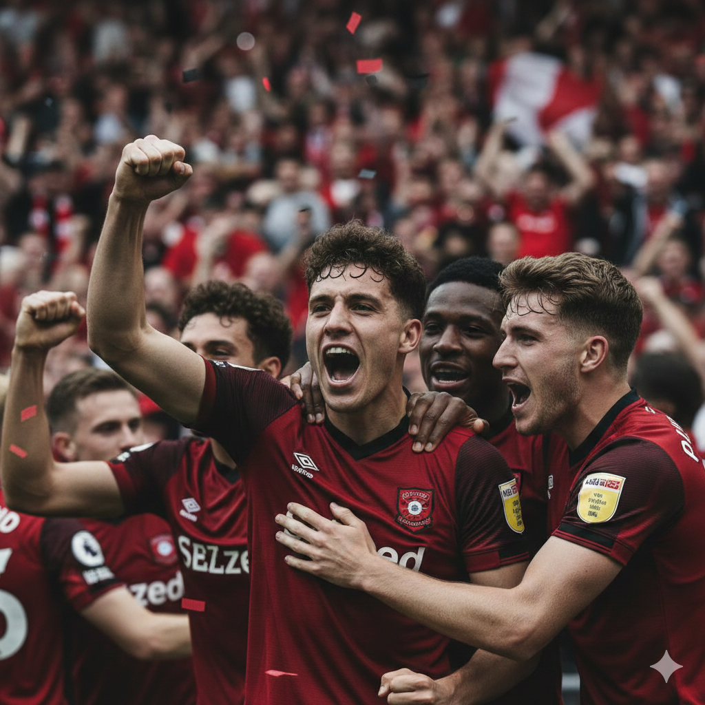 Foto close-up ekspresi kegembiraan para pemain Bournemouth yang sedang merayakan gol di depan pendukung tuan rumah. Fokus pada emosi kemenangan untuk mencerminkan tekad tim kembali ke jalur kemenangan. Gambar ini mendukung bagian analisis pertandingan dan statistik menyerang Bournemouth yang tajam di kandang sendiri selama musim ini.