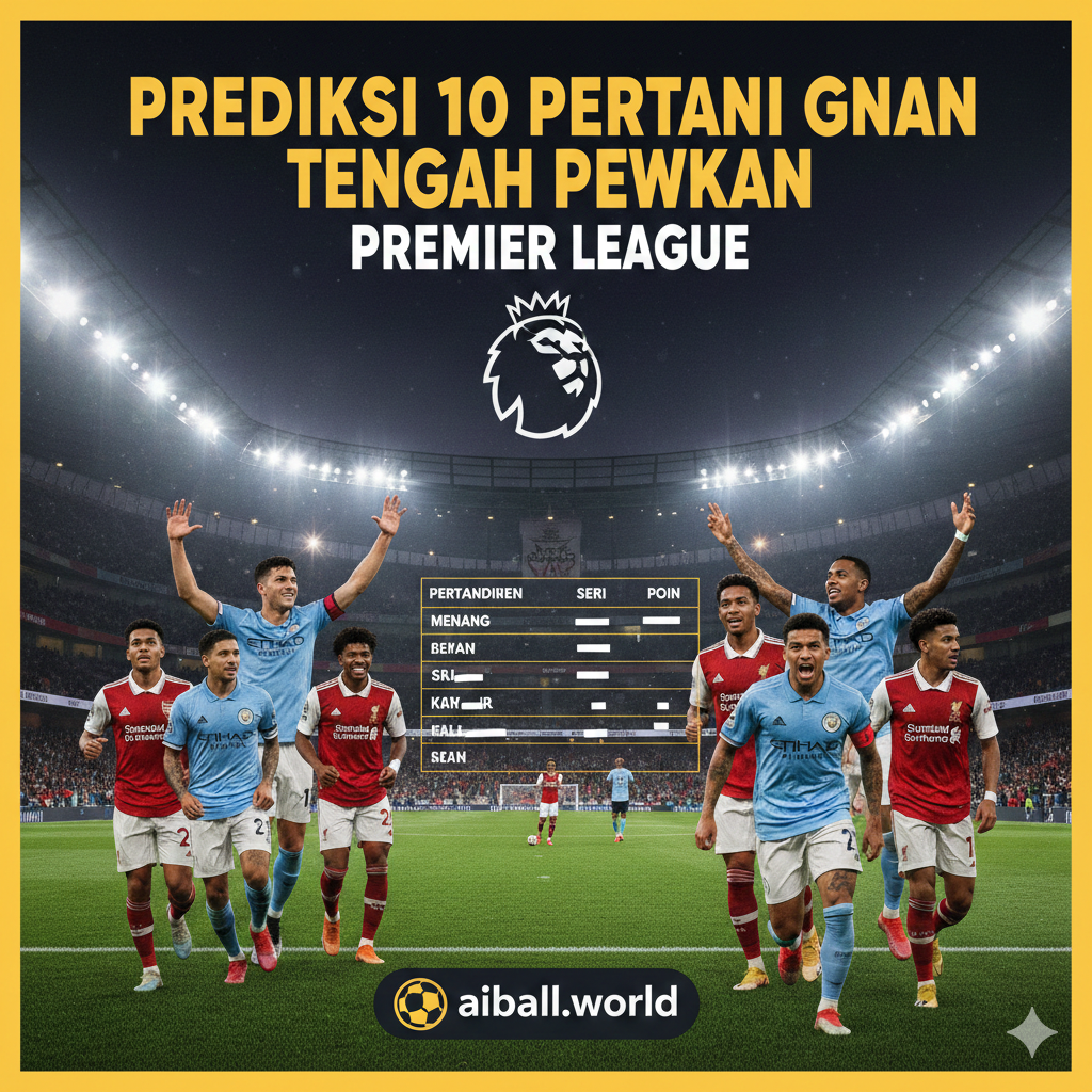 ภาพกราฟิกบรรยากาศการแข่งขันฟุตบอลพรีเมียร์ลีกที่ตื่นเต้นในสนามกีฬาที่สว่างไสวด้วยแสงไฟยามค่ำคืน มีภาพตัดปะของนักเตะดาวดังจากทีมชั้นนำ เช่น อาร์เซน่อล แมนเชสเตอร์ ซิตี้ และลิเวอร์พูล ในชุดแข่งประจำทีมกำลังแสดงท่าทางดีใจหรือมุ่งมั่น พื้นหลังมีโลโก้พรีเมียร์ลีกและตารางคะแนนจำลอง เพื่อสื่อถึงการวิเคราะห์เจาะลึกการแข่งขันทั้ง 10 คู่ในช่วงกลางสัปดาห์