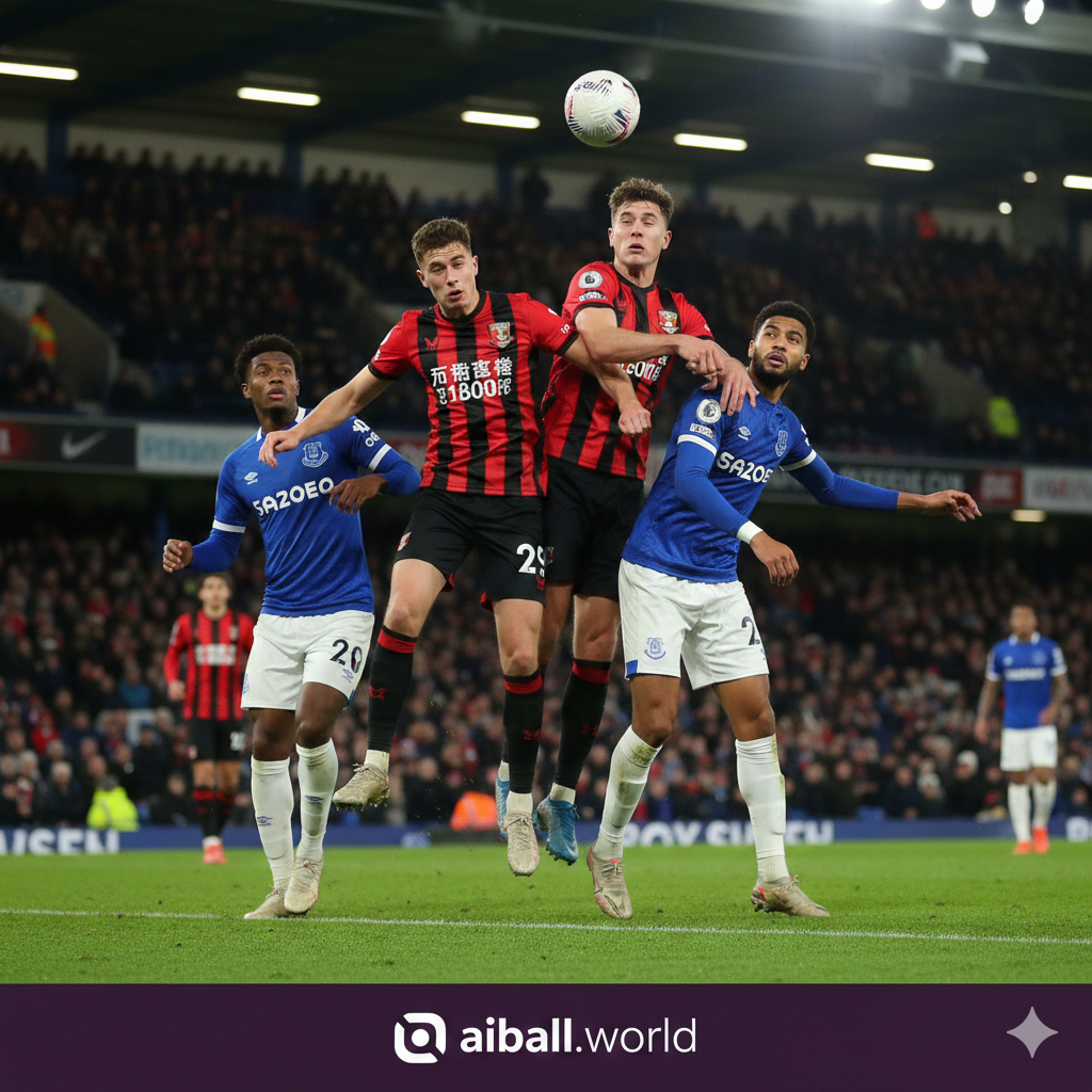 Sebuah gambar aksi berintensitas tinggi yang menangkap momen pertandingan sepak bola Liga Premier antara Bournemouth (dijuluki 'The Cherries') dan Everton ('The Toffees'). Gambar harus menampilkan dua pemain dari masing-masing tim yang sedang memperebutkan bola di tengah lapangan. Fokuskan pada jersey warna merah-hitam khas Bournemouth dan jersey biru khas Everton. Latar belakang harus menunjukkan atmosfer stadion yang ramai (Vitality Stadium) di bawah pencahayaan malam hari (sesuai waktu pertandingan Selasa malam), menyoroti semangat persaingan untuk mendapatkan kembali kemenangan.