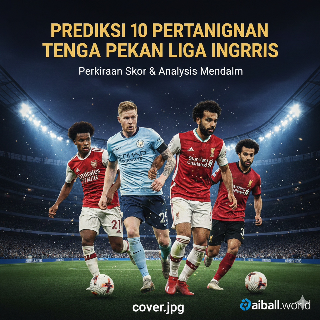 Sebuah desain grafis kolase yang dinamis dan menarik, menampilkan pemain-pemain bintang dari klub papan atas Liga Premier Inggris seperti Arsenal, Manchester City, dan Liverpool. Latar belakang gambar memperlihatkan stadion sepak bola megah di malam hari yang diterangi oleh lampu sorot terang, menciptakan atmosfer pertandingan tengah pekan yang intens dan dramatis. Para pemain terlihat dalam pose aksi heroik dengan ekspresi fokus, melambangkan persaingan ketat di puncak klasemen liga, sangat cocok untuk mengilustrasikan prediksi pertandingan yang krusial ini.