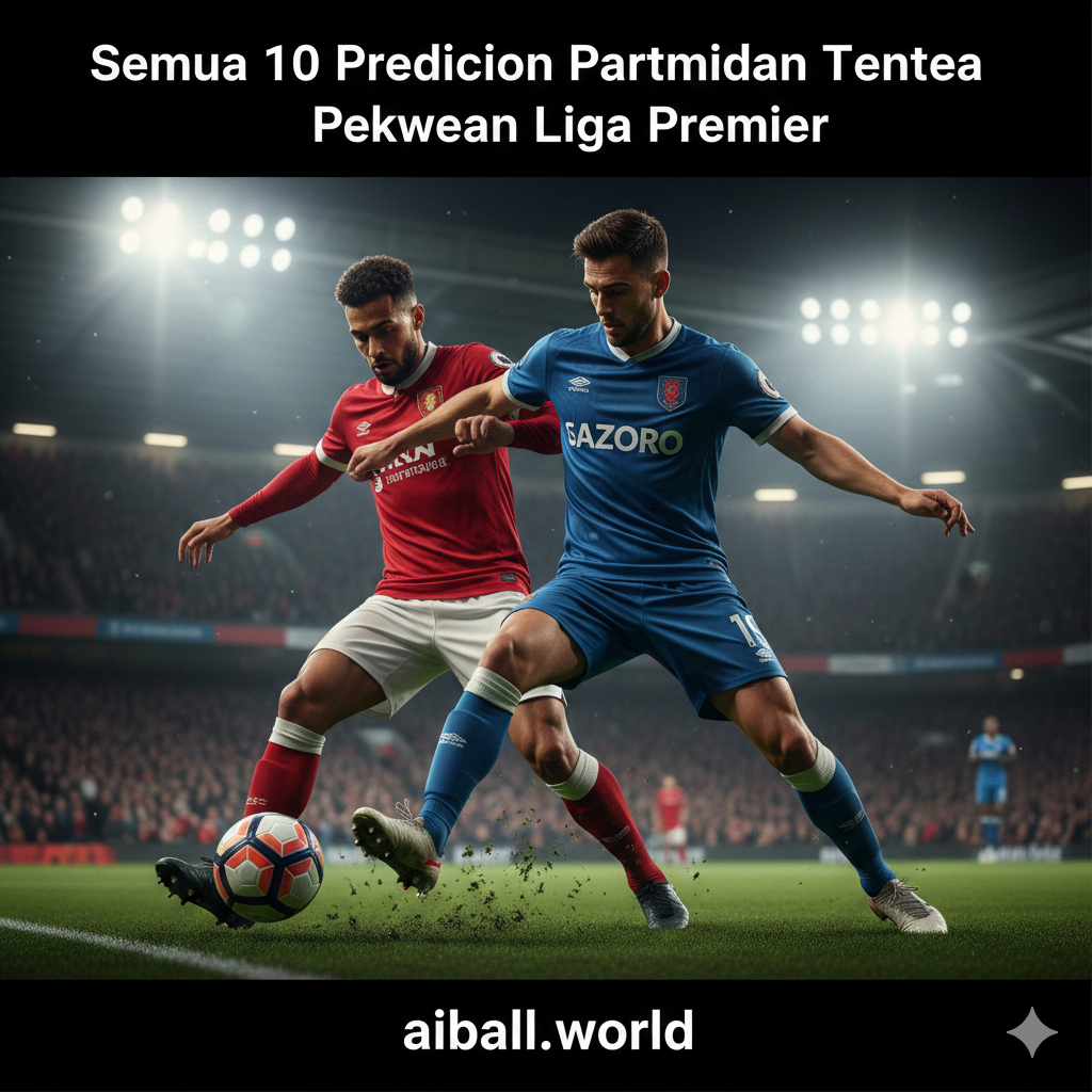 Gambar aksi close-up yang realistis di atas lapangan hijau selama pertandingan sepak bola malam hari. Terlihat momen perebutan bola yang sengit antara dua pemain dengan seragam berbeda, menangkap kecepatan dan fisik permainan Liga Premier. Detail rumput yang beterbangan dan pencahayaan stadion yang memantul pada bola menciptakan kesan visual yang tajam. Latar belakang tribun penonton dibuat sedikit kabur (bokeh) untuk menonjolkan aksi di lapangan, memberikan nuansa kompetitif yang sesuai untuk ditempatkan di antara paragraf prediksi pertandingan.