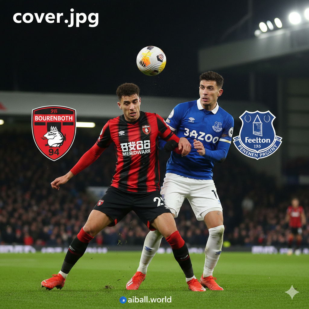 Visual yang intens dan dinamis menangkap dua pemain kunci yang mengenakan jersey kandang (merah-hitam Bournemouth) dan jersey tandang/kandang (biru Everton) saat mereka berebut bola di bawah lampu sorot stadion pada malam hari. Gambar harus menonjolkan logo klub di latar belakang buram atau stadion Vitality yang penuh sesak. Ekspresi para pemain harus menunjukkan tekad, mencerminkan 'misi kebangkitan' dan pentingnya pertandingan ini bagi kedua tim yang baru saja menelan kekalahan pahit, menjadikannya duel yang krusial di Liga Inggris.