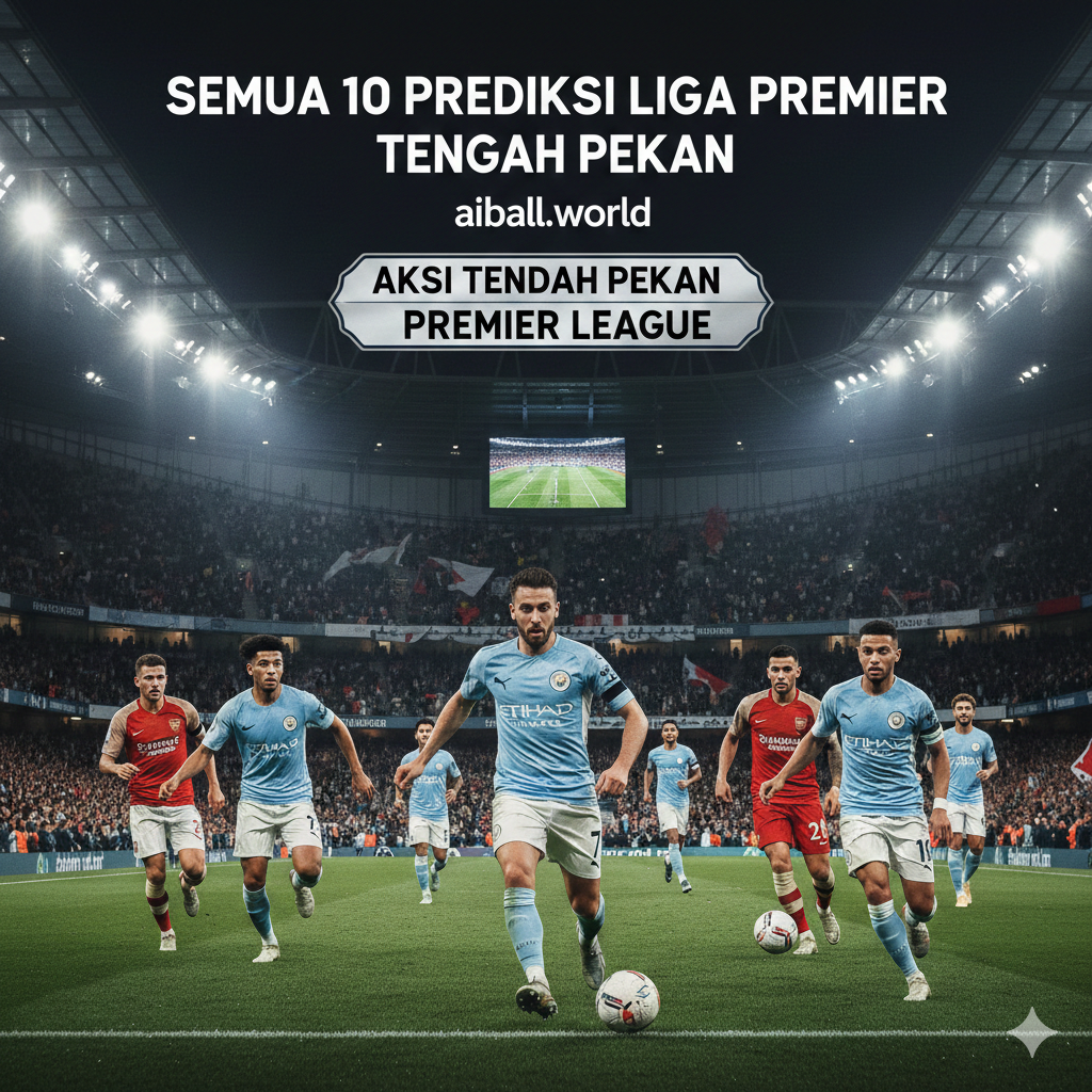 Suasana stadion sepak bola Inggris yang megah di malam hari dengan sorotan lampu sorot yang terang benderang, menciptakan atmosfer dramatis untuk pertandingan tengah pekan Premier League yang sangat dinanti. Di bagian depan, terlihat kolase artistik dan dinamis yang menampilkan pemain bintang dari Manchester City dan Arsenal sedang menggiring bola dengan intensitas tinggi, mengenakan seragam kebanggaan klub mereka. Latar belakang dipenuhi oleh ribuan penonton yang bersorak antusias di tribun yang padat, mengibarkan syal dan bendera tim, sementara logo Premier League terlihat samar namun elegan di papan skor elektronik, melambangkan persaingan ketat di puncak klasemen liga.