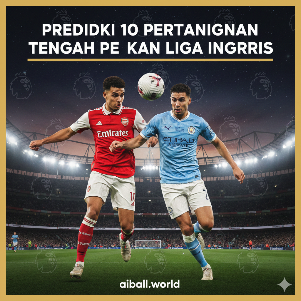 Sebuah kolase visual yang dinamis dan menarik menampilkan aksi intens dari bintang-bintang top Liga Premier Inggris, seperti pemain dari Arsenal dan Manchester City. Latar belakang gambar adalah stadion sepak bola yang megah di bawah sorotan lampu malam hari, menciptakan suasana pertandingan tengah pekan yang dramatis. Terdapat elemen grafis halus logo Liga Premier, melambangkan persaingan ketat di puncak klasemen dan ketegangan yang dirasakan oleh 20 klub yang akan bertanding dalam jadwal yang padat ini.
