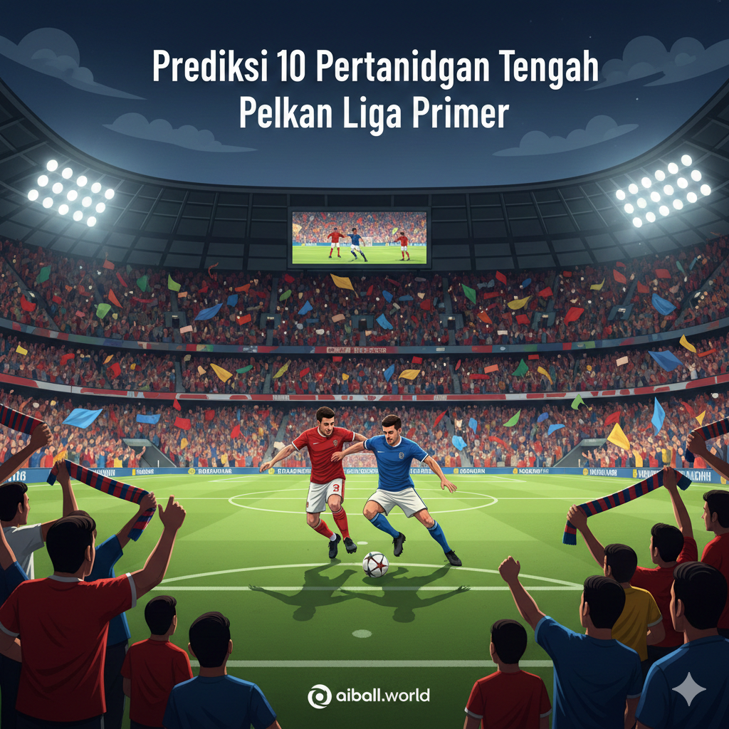 Pemandangan luas dari dalam stadion sepak bola Inggris yang penuh sesak dengan penonton yang antusias, mengibarkan bendera dan syal tim kebanggaan mereka. Fokus gambar tertuju pada momen perebutan bola yang sengit di lapangan hijau antara dua pemain dari tim yang berbeda, mencerminkan semangat juang tinggi untuk menghindari degradasi atau mengejar posisi Eropa. Pencahayaan stadion yang kontras menekankan ketegangan jadwal pertandingan malam hari, memberikan visualisasi yang tepat untuk prediksi skor dan analisis taktis yang dibahas dalam artikel.