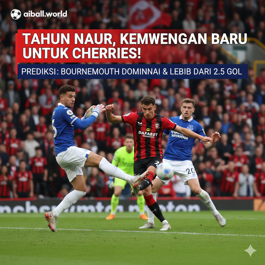 Momen aksi mendebarkan di lapangan hijau yang memperlihatkan duel taktis antara lini serang Bournemouth dan pertahanan Everton di area kotak penalti. Pemain Bournemouth terlihat agresif berusaha melakukan tendangan ke arah gawang, sementara pemain bertahan Everton mencoba memblokir serangan tersebut dengan gigih. Gambar ini merepresentasikan statistik pertandingan yang memprediksi dominasi tuan rumah dan potensi terjadinya lebih dari 2.5 gol, serta menyoroti tekad skuad The Cherries untuk mengamankan poin penuh di hadapan pendukung mereka sendiri.
