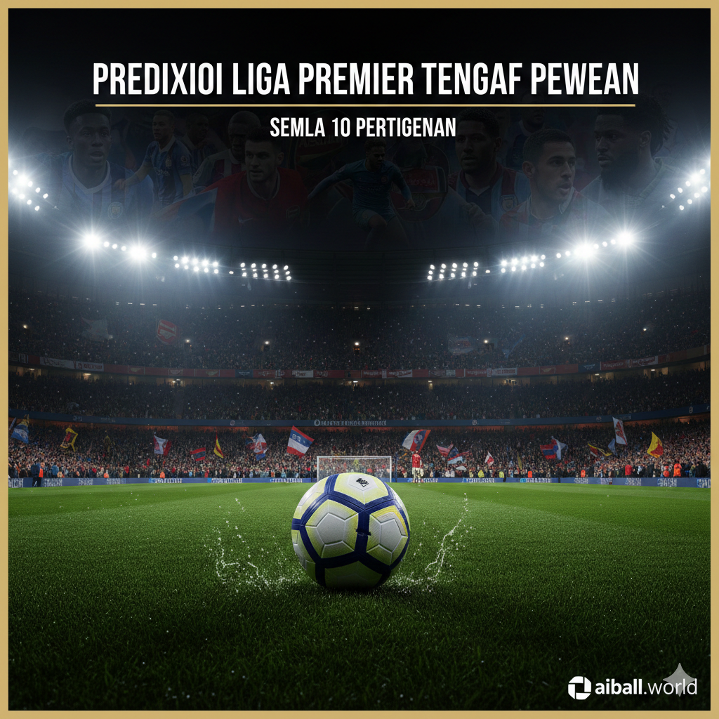 Pemandangan panorama stadion sepak bola Liga Premier Inggris yang megah di bawah sorotan lampu malam hari yang dramatis, menciptakan atmosfer pertandingan tengah pekan yang intens. Di latar depan, sebuah bola sepak resmi Liga Premier terlihat tajam di atas rumput hijau yang basah, siap untuk ditendang. Latar belakang menampilkan kolase samar dari para pemain kunci klub papan atas seperti Arsenal dan Manchester City yang sedang beraksi, melambangkan persaingan ketat di puncak klasemen. Tribun penonton dipenuhi dengan warna-warni bendera dan syal suporter yang antusias, mencerminkan semangat tinggi dari prediksi pertandingan yang akan dibahas dalam artikel.
