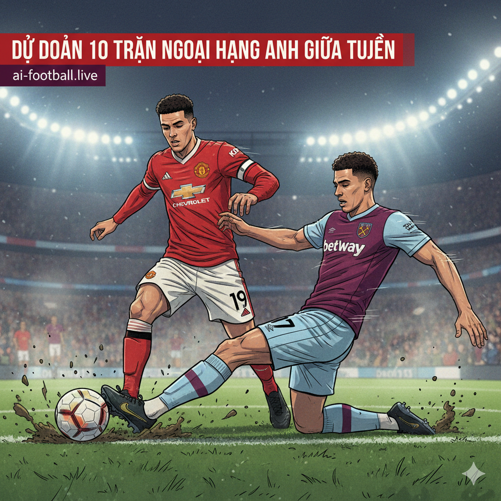 Ilustrasi aksi dinamis di lapangan yang memperlihatkan duel perebutan bola yang sengit antara dua pemain dari tim Liga Premier, mewakili ketegangan pertandingan seperti Liverpool atau Manchester United. Efek gerakan (motion blur) digunakan untuk menekankan kecepatan permainan dan intensitas fisik liga Inggris. Di sisi gambar, terdapat elemen grafis overlay tipis yang menyerupai papan taktik atau statistik pertandingan, memperkuat tema analisis dan prediksi skor. Pencahayaan stadion yang kontras menyoroti ekspresi fokus para pemain, memberikan visualisasi yang relevan untuk bagian analisis detail per pertandingan di dalam artikel.