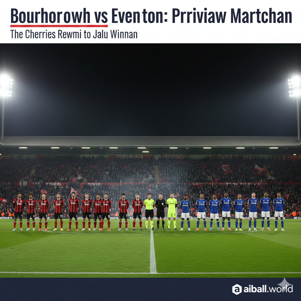 Pemandangan atmosferik Stadion Vitality di malam hari dengan lampu sorot yang menerangi lapangan hijau yang masih segar, tempat para pemain Bournemouth dengan seragam kandang merah dan hitam ikonik mereka bersiap menghadapi Everton yang mengenakan seragam biru. Gambar ini menangkap ketegangan pra-pertandingan dan antisipasi dari para pendukung tuan rumah yang berharap tim mereka bangkit dari kekalahan sebelumnya. Komposisi gambar menonjolkan kontras warna antara kedua tim dan semangat kompetitif Liga Premier, menciptakan visual yang menarik sebagai sampul untuk artikel prediksi pertandingan sepak bola yang krusial ini.