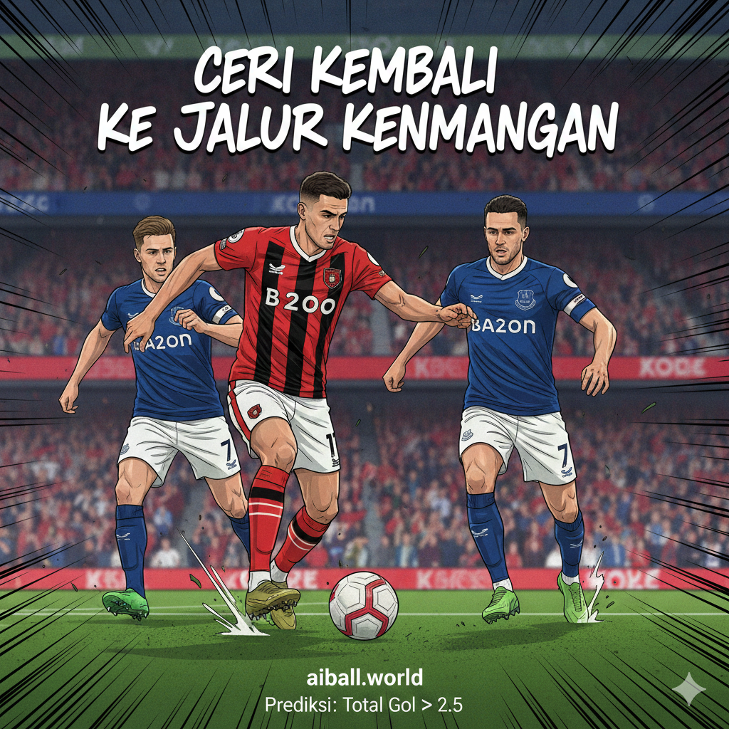 Aksi dinamis di lapangan yang memperlihatkan momen serangan intens dari tim Bournemouth, dengan seorang penyerang yang sedang menggiring bola melewati pertahanan Everton yang rapat. Latar belakang tribun penonton terlihat sedikit kabur untuk memberikan fokus tajam pada aksi pemain dan ekspresi tekad di wajah mereka. Gambar ini mengilustrasikan potensi serangan 'The Cherries' yang disebutkan dalam artikel, serta mendukung analisis statistik yang memprediksi terjadinya lebih dari 2.5 gol dalam pertandingan, memberikan visualisasi yang relevan untuk bagian prediksi dan rekomendasi taruhan.