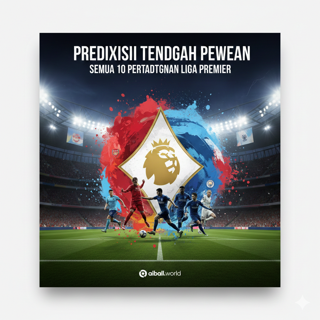 Sebuah ilustrasi visual yang dinamis dan menawan menampilkan suasana stadion sepak bola Liga Premier Inggris yang megah di malam hari, diterangi oleh lampu sorot yang terang benderang untuk menandakan pertandingan tengah pekan. Di bagian tengah, terdapat grafik artistik yang menggabungkan elemen logo Liga Premier dengan siluet pemain sepak bola yang sedang beraksi. Latar belakangnya dipenuhi dengan warna-warna cerah dari berbagai tim seperti merah untuk Arsenal dan biru langit untuk Man City, menciptakan atmosfer kompetisi yang panas dan penuh antusiasme menjelang sepuluh pertandingan yang akan datang.