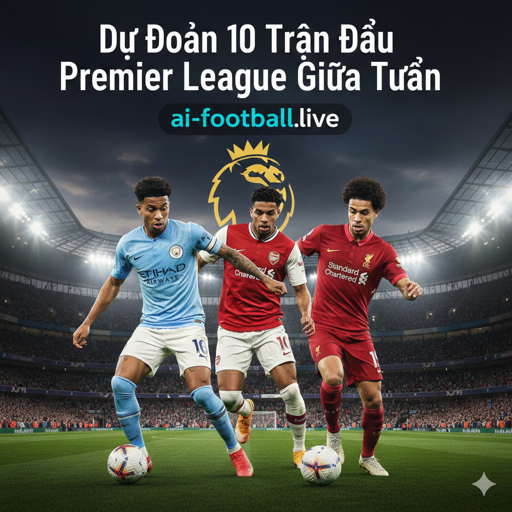 Ilustrasi dinamis dan berkualitas tinggi yang berfungsi sebagai sampul untuk prediksi Liga Premier Inggris. Gambar tersebut harus menampilkan kolase pemain sepak bola dari klub-klub papan atas Inggris seperti Arsenal, Manchester City, dan Liverpool dalam pose beraksi yang penuh semangat. Latar belakang menunjukkan stadion sepak bola yang megah di malam hari dengan lampu sorot yang sangat terang, melambangkan atmosfer pertandingan tengah pekan yang intens. Elemen grafis modern dengan warna khas Liga Premier seperti ungu dan hijau neon harus diintegrasikan secara halus untuk memberikan kesan profesional dan sporty.