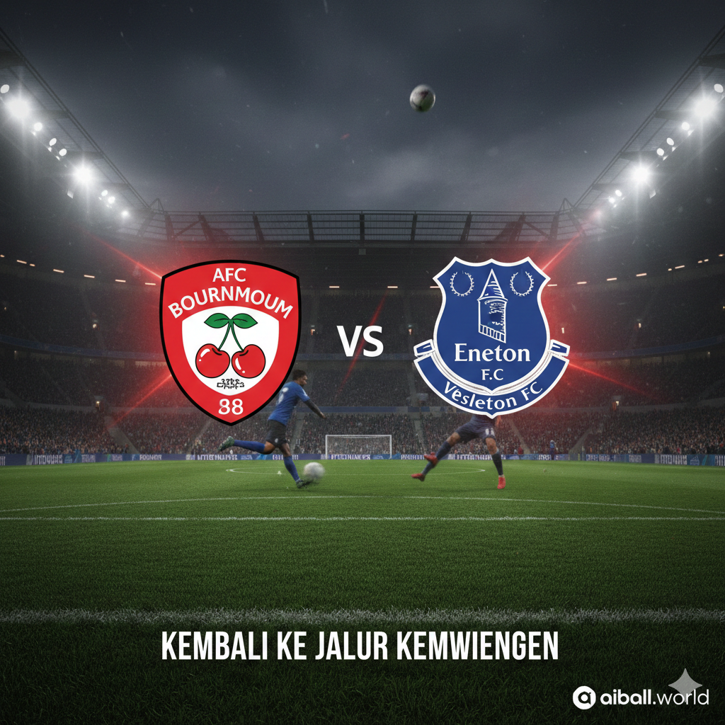 Sebuah gambar sampul yang dramatis dan menarik secara visual untuk pertandingan Liga Primer antara Bournemouth (The Cherries) dan Everton (The Toffees). Gambar harus menampilkan logo kedua tim yang saling berhadapan, dengan latar belakang samar Stadion Vitality, kandang Bournemouth. Tekstur lapangan sepak bola berwarna hijau yang kaya harus menonjol. Tambahkan elemen visual yang menunjukkan intensitas, seperti bayangan pemain yang berduel atau bola yang melayang. Gambar ini harus mencerminkan prediksi 'Bournemouth untuk kembali ke jalur kemenangan' dengan menonjolkan warna merah dan hitam khas Bournemouth.