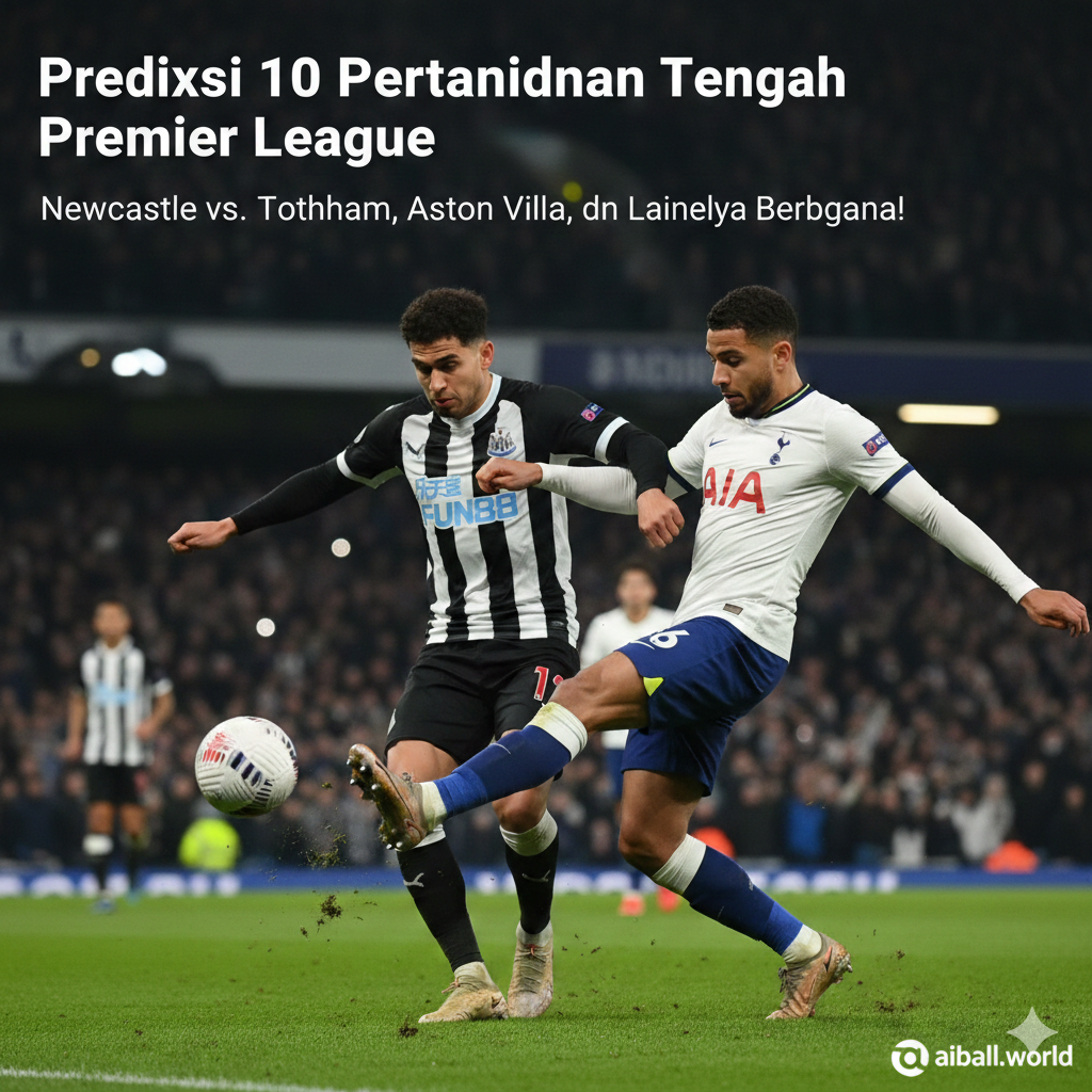 Gambar aksi close-up yang realistis di atas lapangan rumput hijau, menangkap momen intens perebutan bola antara dua pemain sepak bola di tengah pertandingan. Detail rumput dan percikan tanah terlihat jelas, menambah kesan dramatis dari pertandingan liga yang kompetitif. Pencahayaan fokus pada pemain dan bola, sementara latar belakang tribun penonton terlihat sedikit kabur namun tetap riuh dengan sorakan penggemar. Gambar ini merepresentasikan ketegangan dan semangat juang dari tim-tim seperti Newcastle, Tottenham, dan Aston Villa yang berusaha mengamankan poin penting di pertengahan pekan.