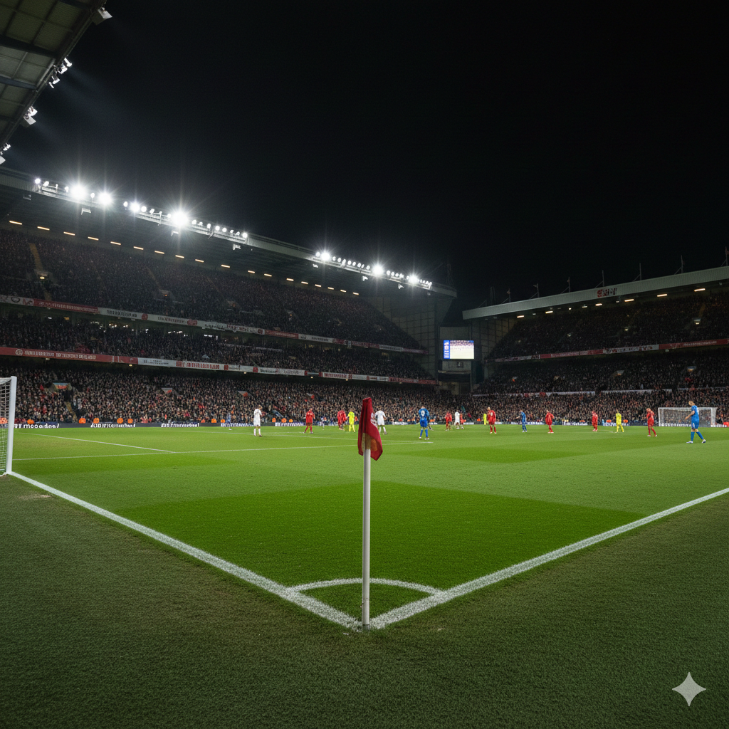 Pengambilan gambar sudut lebar yang realistis dari dalam stadion sepak bola Liga Premier Inggris selama pertandingan malam hari yang dramatis. Rumput hijau di lapangan terlihat segar dan terawat sempurna, diterangi oleh cahaya lampu stadion yang kuat, menciptakan kontras dengan langit malam yang gelap. Di latar depan, terlihat aksi perebutan bola yang sengit atau momen sebelum tendangan sudut. Tribun penonton dipenuhi dengan ribuan penggemar yang antusias mengibarkan bendera dan syal, menangkap esensi kegembiraan dan antisipasi dari jadwal padat pertandingan tengah pekan yang dibahas dalam artikel.